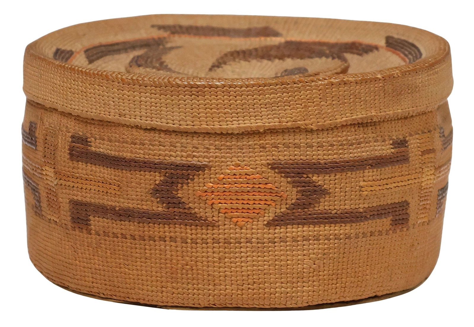 NORTHWEST COAST TLINGIT POLYCHROME WOVEN RATTLE-TOP BASKET: Native American Northwest Coast woven rattle-top basket, Tlingit, having circular top with contained seed rattle, over cylindrical body with repeating polychrome geometric motifs, reinforced base, app