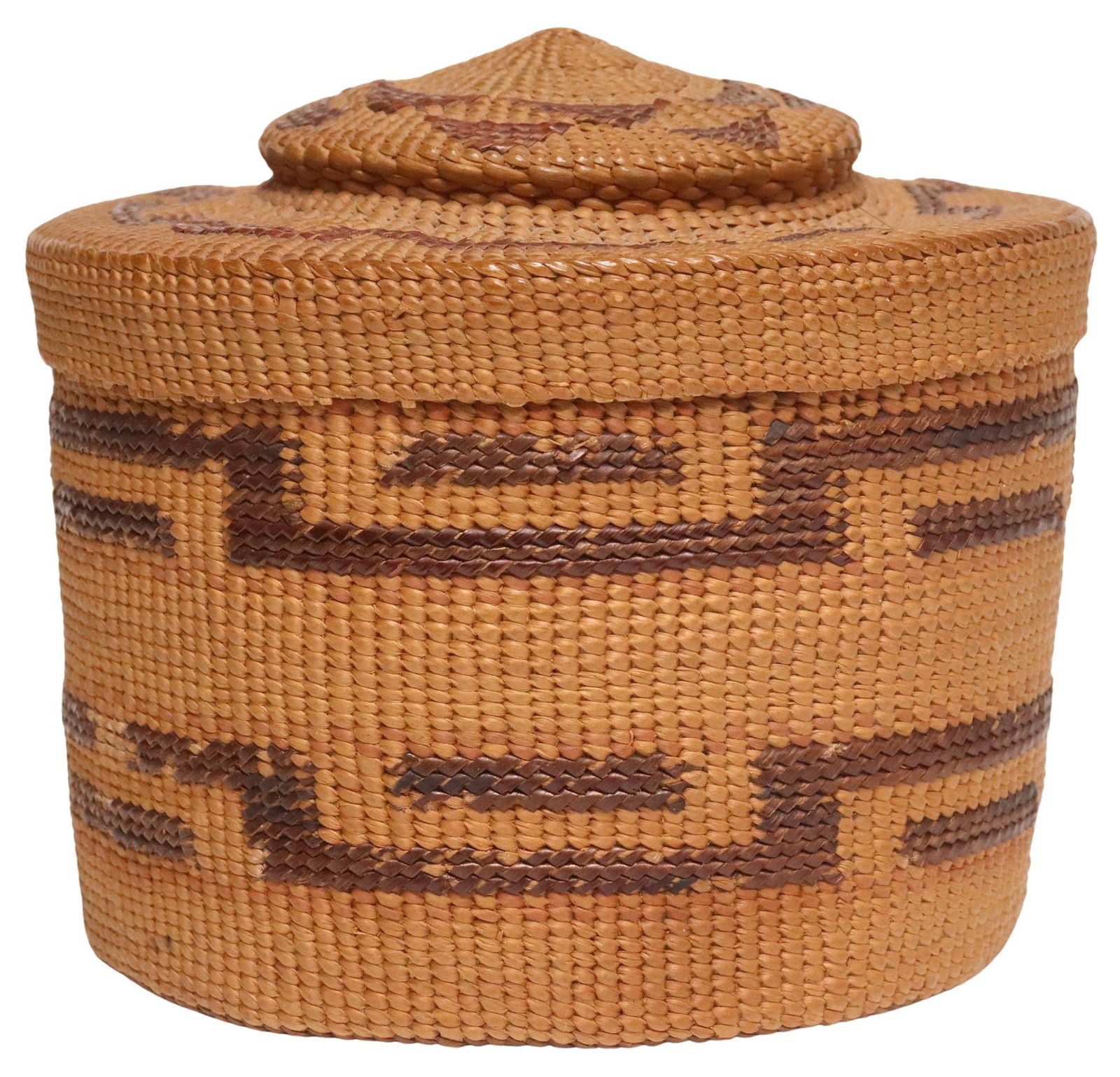 NORTHWEST COAST TLINGIT WOVEN RATTLE-TOP BASKET: Native American Northwest Coast woven rattle-top basket, Tlingit, having circular top with contained seed rattle, over cylindrical body with repeating geometric motifs, approx 3"h, 3.5"diam, <1lbs