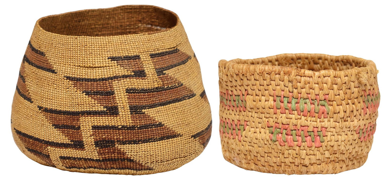 (2) POLYCHROME WOVEN BASKETS, 1 NATIVE AMERICAN NORTHWEST COAST: (lot of 2) Polychrome woven baskets, including: (1) Native American Northwest Coast basket, of tapered cylindrical form with repeating geometric designs, intact with small splits, approx 4.5