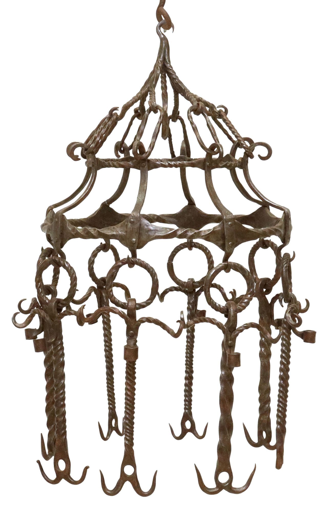 WROUGHT IRON HEARTH-HANGING BUTCHER'S MEAT / GAME DRYING RACK: Wrought iron hearth-hanging butcher's meat drying rack, early 20th c., having tiered circular frame with two interior hooks, hung with eight suspended twisted rod arms, each fitted with four hooks
