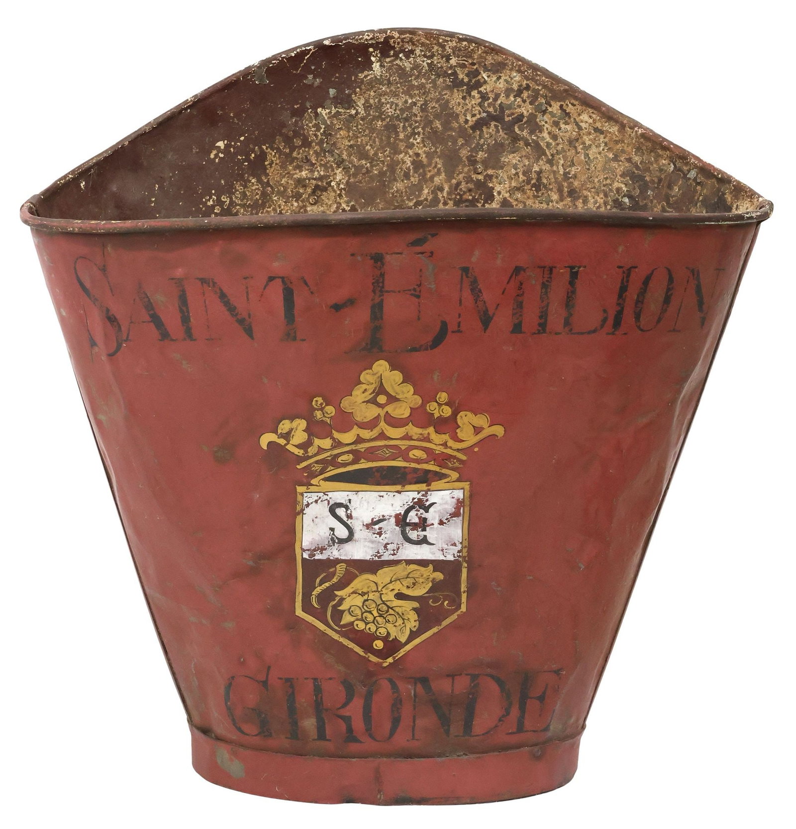 FRENCH VINEYARD PAINTED METAL GRAPE PICKER'S HOTTE: French galvanized metal grape pickers hotte/ hod, later paint decorated and stenciled Saint-Emilion Gironde branding with crowned coat of arms, lacking leather strap, approx 24"h, 24.5&