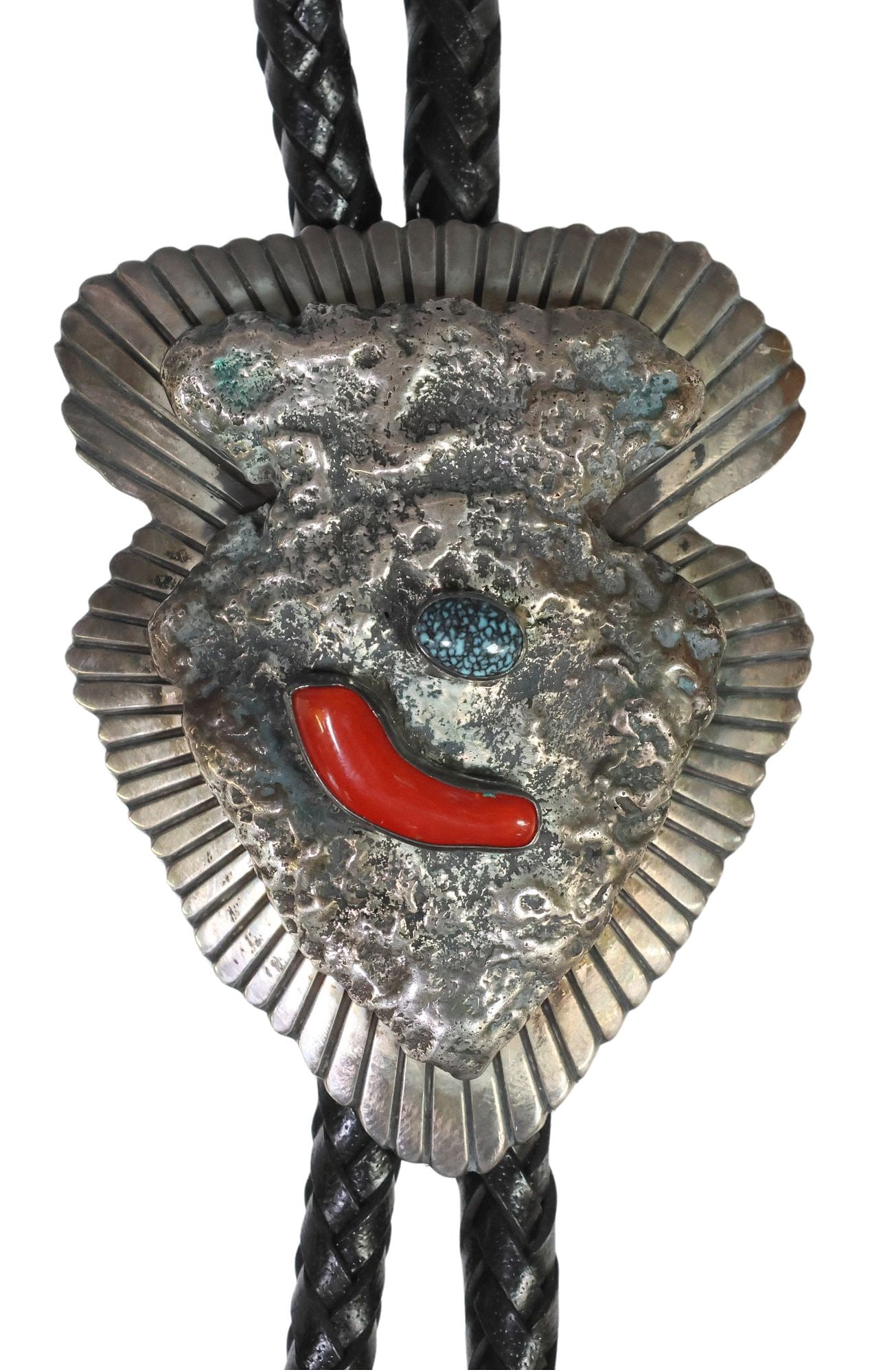 SOUTHWEST STERLING SILVER, TURQOUISE & RED CORAL ARROWHEAD BOLO TIE: Southwest sterling silver bolo tie, signed A.N.B., modeled as an arrowhead, center with bezel set Spiderweb turquoise cabochon and small red coral branch, on textured ground, 