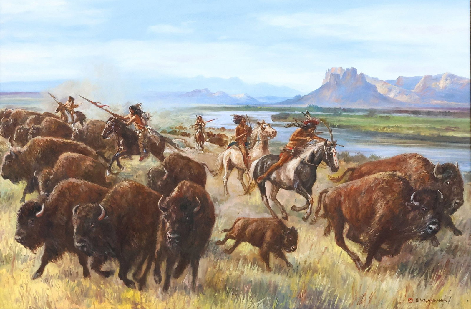 HUBERT WACKERMANN (B.1945) OIL PAINTING, "SIOUX BUFFALO HUNT", 24" X 36": Framed oil on canvas painting, "Sioux Buffalo Hunt", signed lower right H. Wackermann (Hubert Wackermann, New Mexico/ Canada/ Germany, b.1945), dated 2006, titled on stretcher, addition
