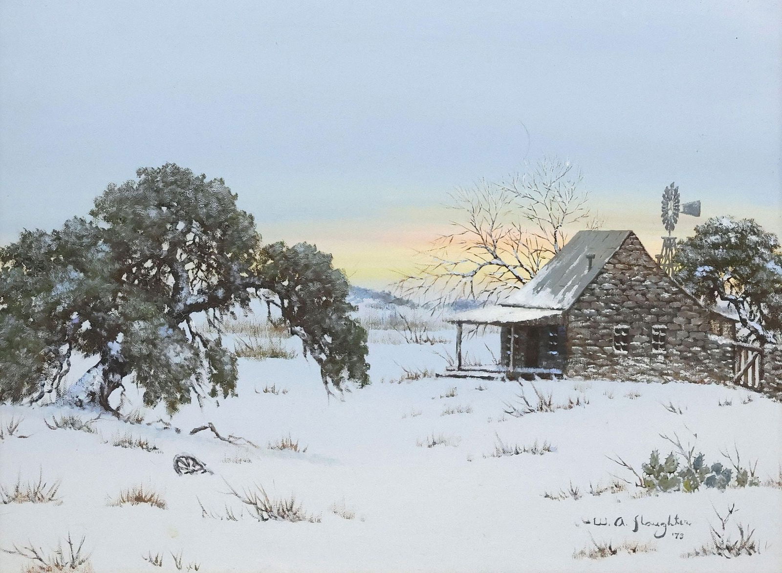 WILLIAM A. SLAUGHTER (1923-2003) WINTER LANDSCAPE 18" X 24": Framed oil on canvas painting, Winter Landscape with Cabin and Windmill, signed lower right W.A. Slaughter (William Anthony Slaughter, Texas, 1923-2003), dated [19]73, sight: approx 17.5"h,