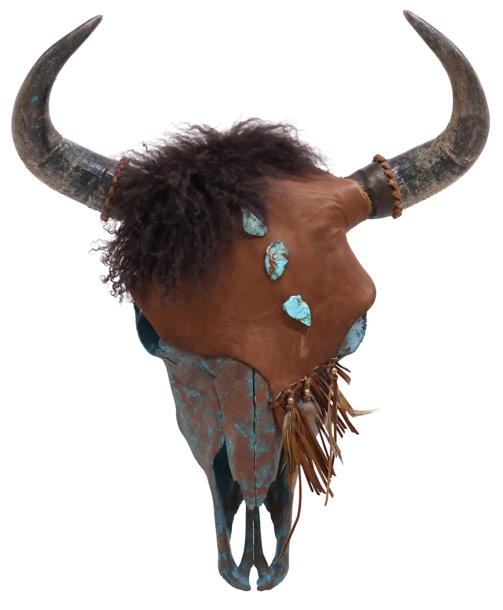 SOUTHWEST PAINTED & EMBELLISHED BUFFALO SKULL TROPHY MOUNT: Southwest embellished buffalo / bison skull trophy mount, with applied wooly fur, tan leather mask with tasseled end, blue stones, and painted accents, approx 26"h, 20"w, 8"d,