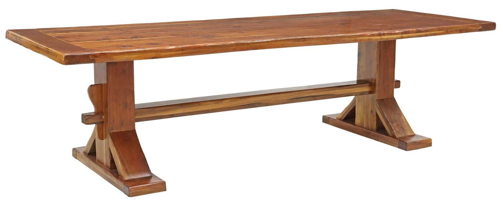LARGE RUSTIC AMERICAN WALNUT TRESTLE DINING TABLE, 108"L: Large American walnut dining table, 20th c., having thick top with breadboard ends, rising on stretcher-joined trestle base, approx 30"h, 108"l, 38"w, floor to bottom of apron (clearanc
