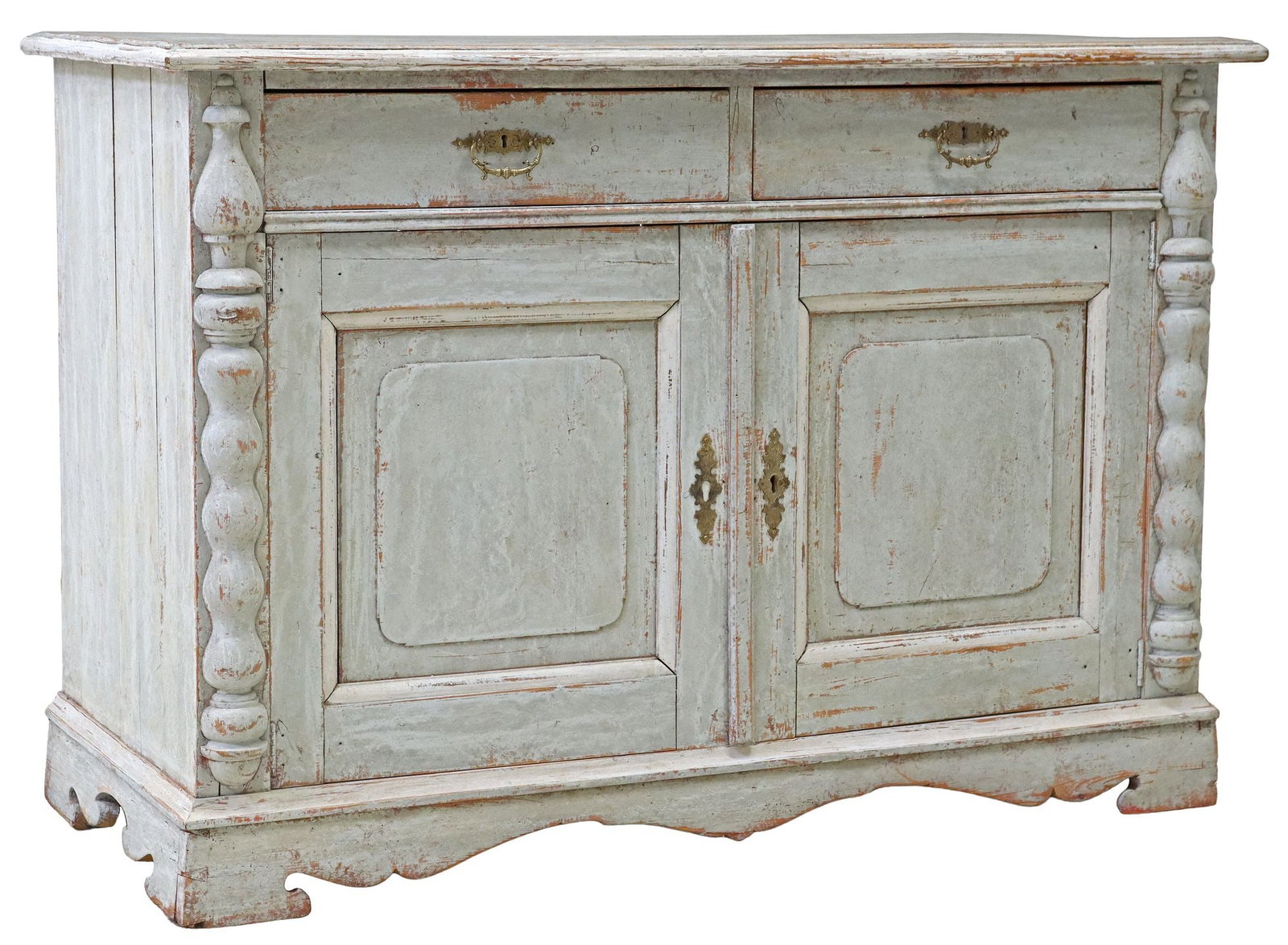 RUSTIC DISTRESSED LIGHT BLUE PAINTED SIDEBOARD: Rustic carved wood sideboard, 20th c., in a distressed light blue painted finish, having two drawers, over dual cabinet doors, revealing shelved interior, flanked by turned corner posts, rising on bra