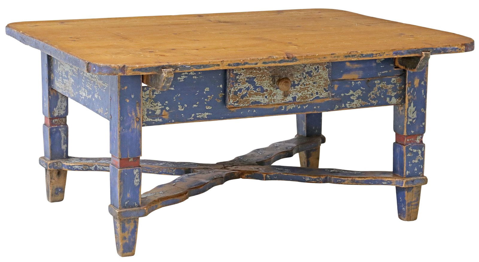CENTRAL EUROPEAN BLUE-PAINTED COFFEE TABLE: Central European coffee table, 19th c., pine top, base in a distressed painted finish, single frieze drawer, squared legs joined by x-form stretcher, approx 20.25"h, 43"w, 33.75"d