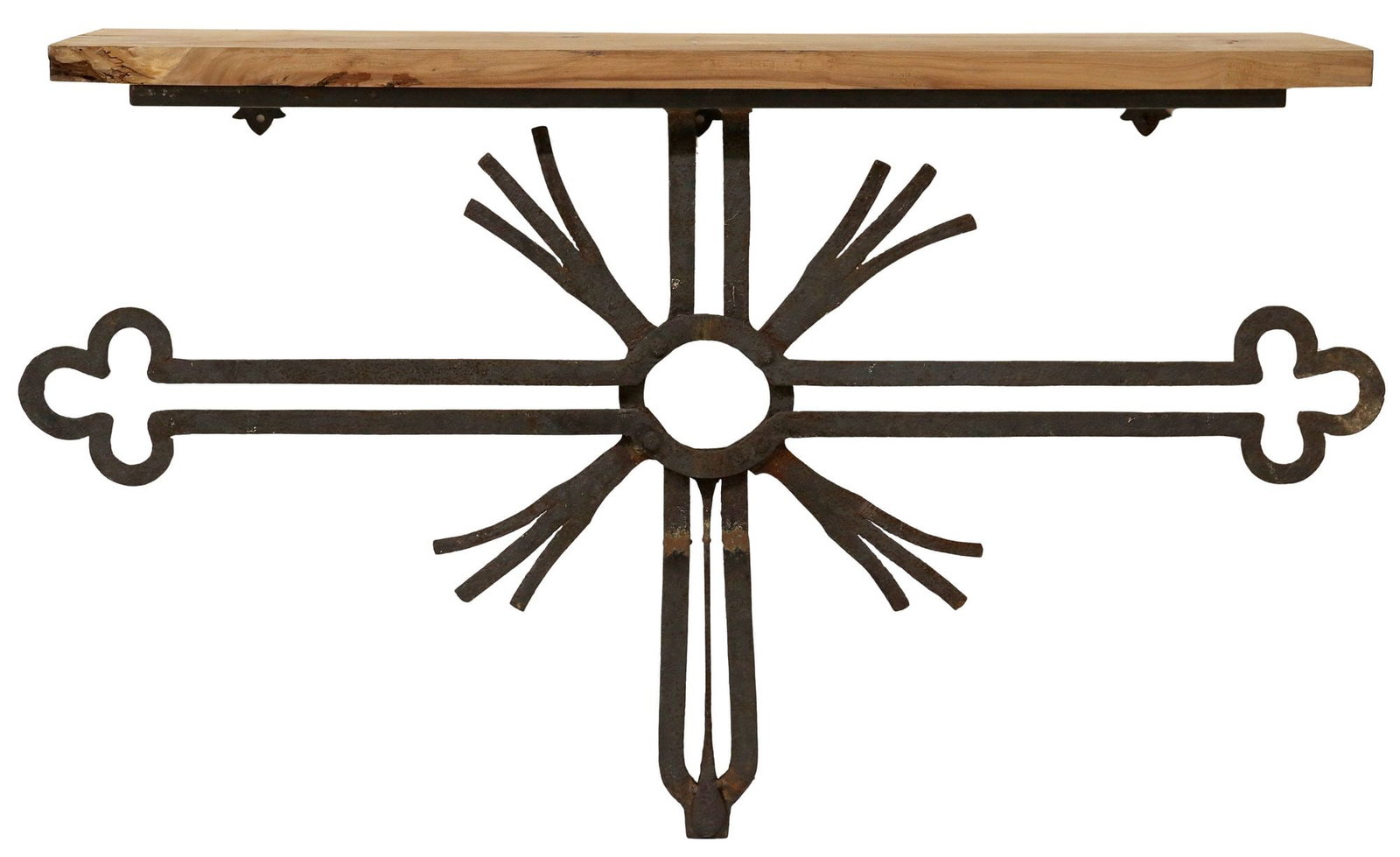 RUSTIC WROUGHT IRON & BURLWOOD SLAB-TOP BRACKET CONSOLE TABLE: Large rustic wrought iron and figured wood wall-mounted console table, 20th c., having rectangular natural slab top, rising on pierced base with trefoils and fanned motifs, approx 35.75"h, 6