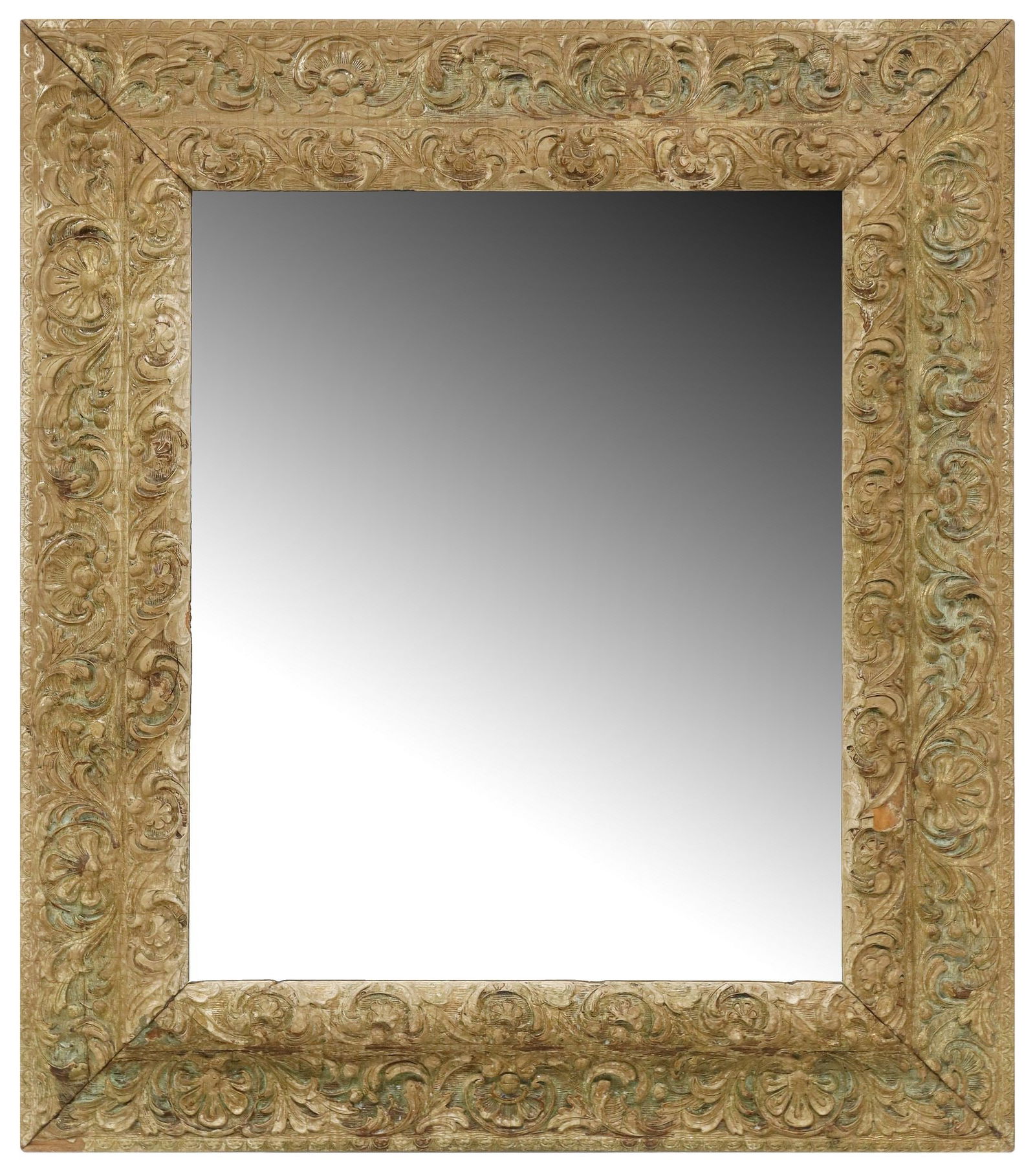CONTINENTAL BAROQUE STYLE FOLIATE MOLDED WALL MIRROR: Continental Baroque style wood and gesso wall mirror, early 20th c., rectangular frame with molded foliate scrollwork, with remnants of gold leaf, encasing flat mirror plate, approx 33"h, 28.75&q