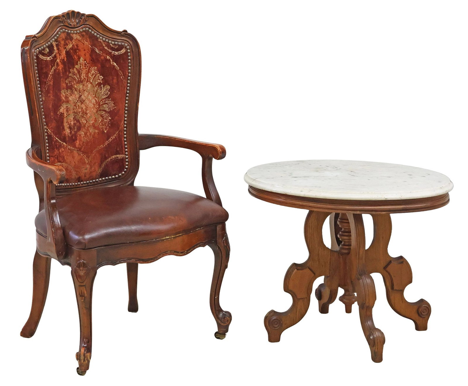 (2) LOUIS XV STYLE ARMCHAIR & VICTORIAN MARBLE-TOP SIDE TABLE: (lot of 2) Parlor furniture, 20th c., including: (1) Louis XV style armchair, scrolled top rail with shell crest, over seat back in a worn velvet upholstery, nailhead trim, the seat in burgundy faux l