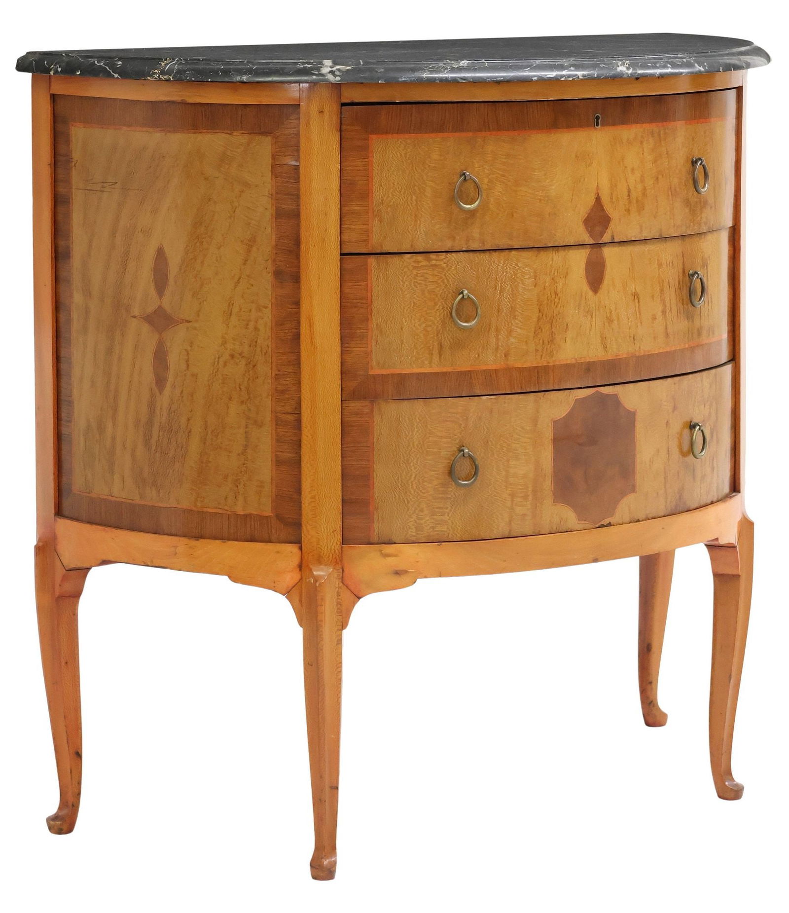 BELGIAN MARBLE-TOP DEMILUNE COMMODE: Belgian marble-top commode, early 20th c., demilune case, three drawers, on cabriole legs, top drawer interior with iron branded trademark, stenciled "made in Belgium" under marble top, appr