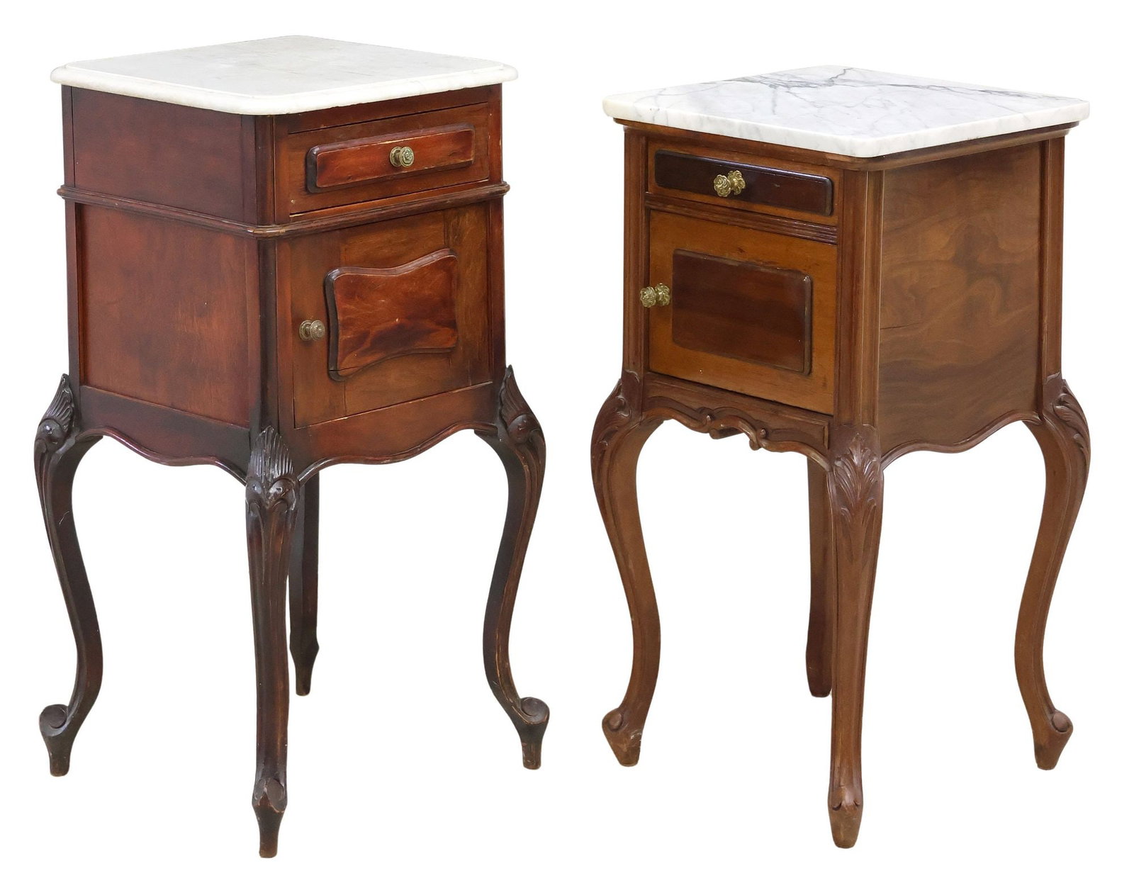 (2) LOUIS XV STYLE MARBLE-TOP CARVED NIGHTSTANDS: (lot of 2) Louis XV style carved nightstands, early 20th c., each having square marble-top, over one drawer with gilt metal pull, one cabinet door, rising on cabriole legs, ending on whorl feet, (one)