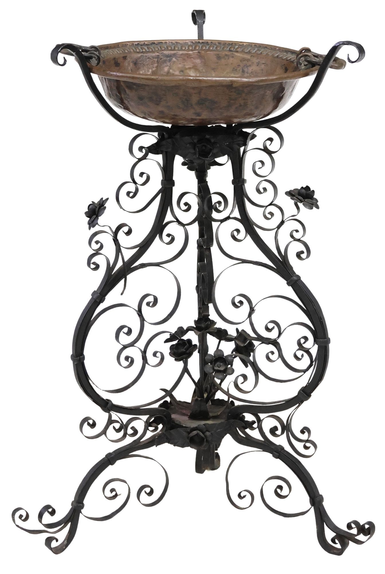 ITALIAN COPPER PLANTER ON WROUGHT IRON STAND: Italian iron and copper jardiniere/ planter, early 20th c., scrolled wrought iron tripodal stand issuing flowers, holding a small later added round copper basin with repousse cabochon t