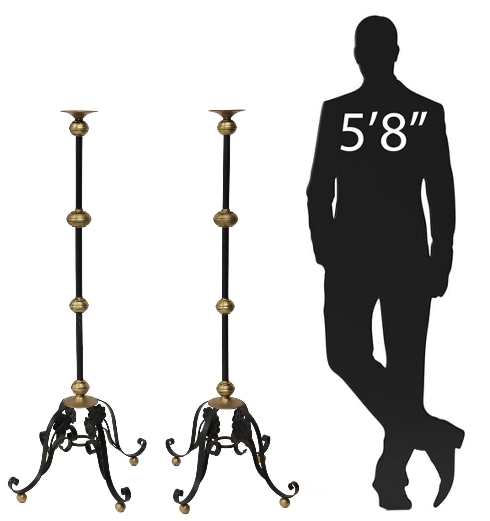 (2) BRASS & WROUGHT IRON CANDLE FLOOR STANDS, 59"H: (pair) Brass and wrought iron candle floor stands, 20th c., brass bobeche, iron standard, rising on scroll legs with flower heads, ending in ball feet, approx 59"h, 26.5"w, 26.5"d