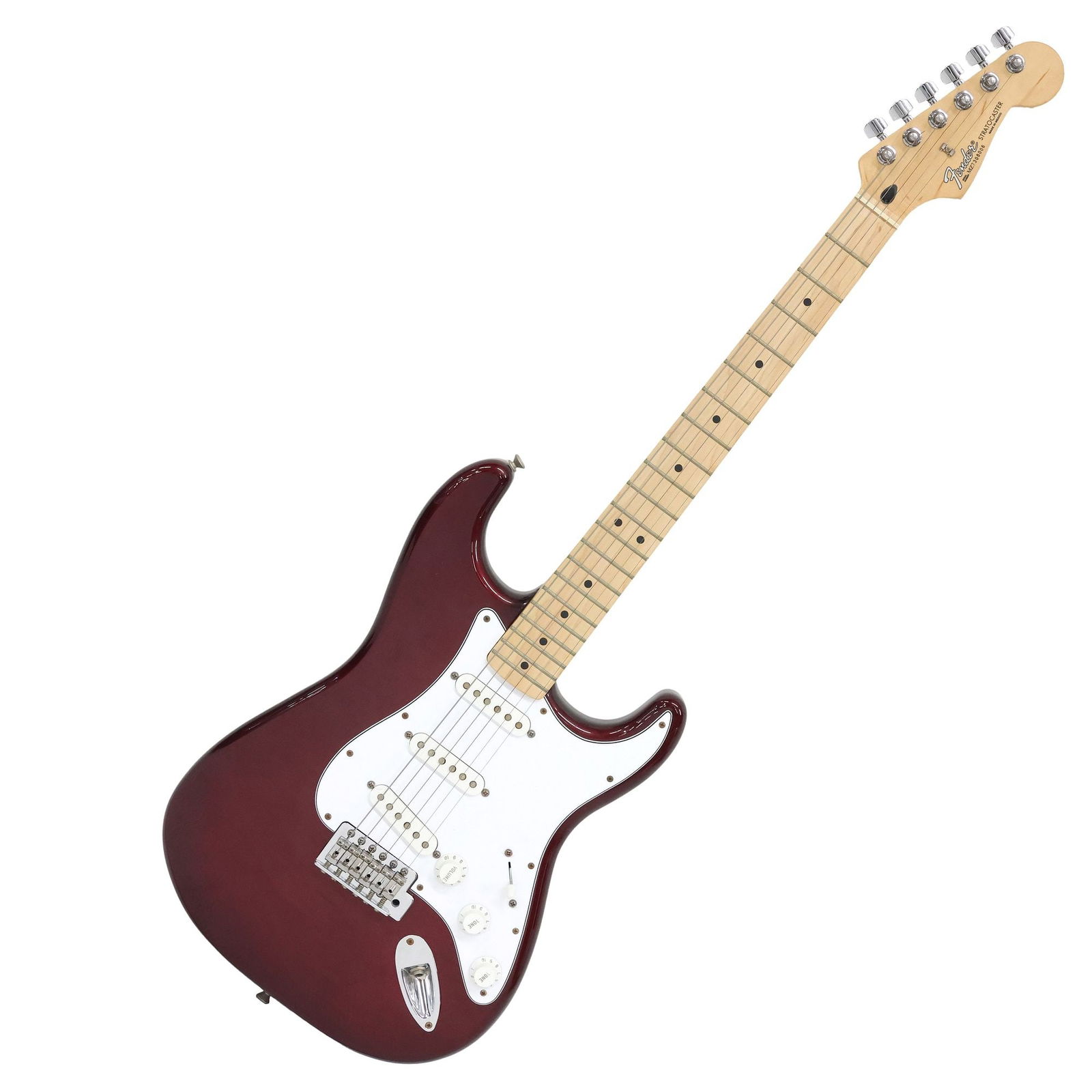 FENDER STRATOCASTER BURGUNDY ELECTRIC GUITAR & SOFT CASE: Fender Stratocaster (2007) electric guitar, in a burgundy finish with white pick guard, serial number MZ7308006, accompanied by Fender soft case, overall in bag: approx 46.5"l, 15"w, 3&