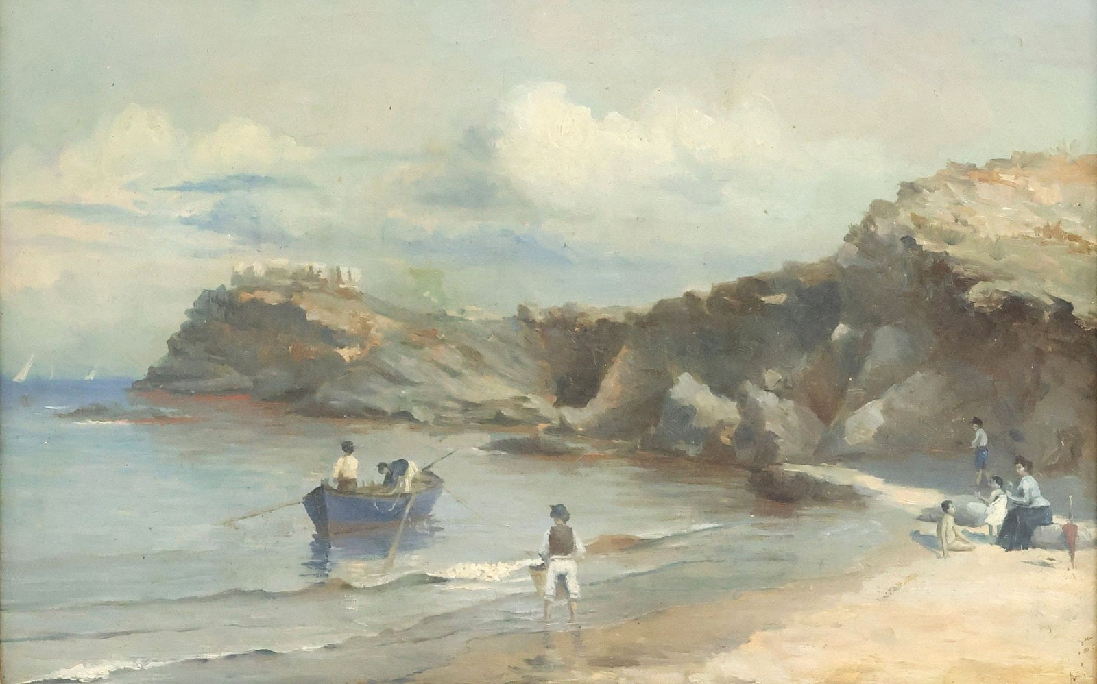 FRENCH SCHOOL PAINTING COASTLINE WITH FISHING BOAT: Framed oil on canvas painting, Shoreline with fishing boat and family on the beach, signed lower right Martin S...t (?), patched repair to canvas, sight: approx 15"h, 23.25"w, overall: 