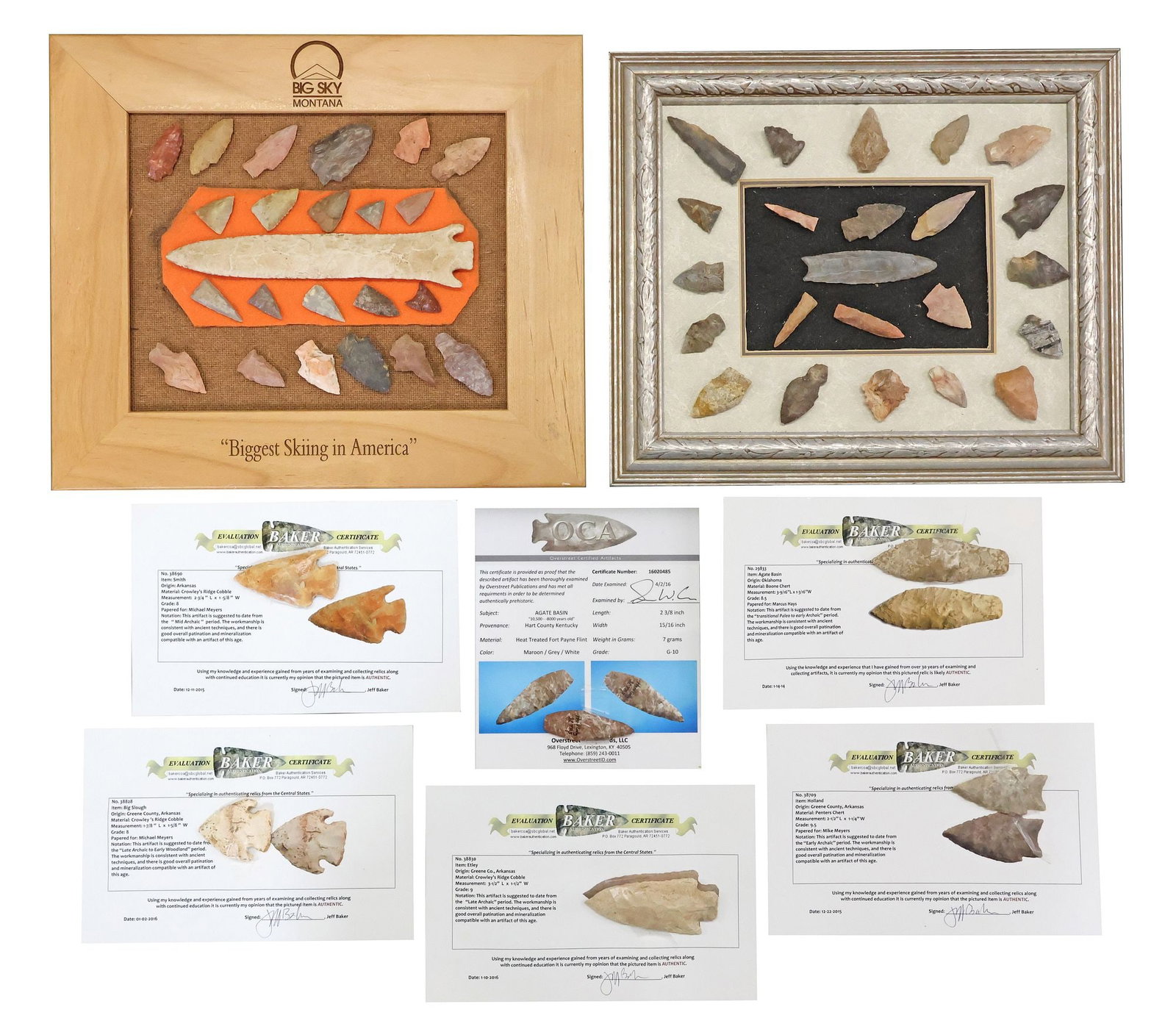 (52) FRAMED STONE ARROWHEADS & SPEAR POINTS, 6 UNFRAMED WITH C.O.A.: (lot of 52) Stone arrowheads, spear points, and tools, including: (5) accompanied by certificate of authenticity issued by Baker Authentication, (1) accompanied by certificate of authenticity issued b