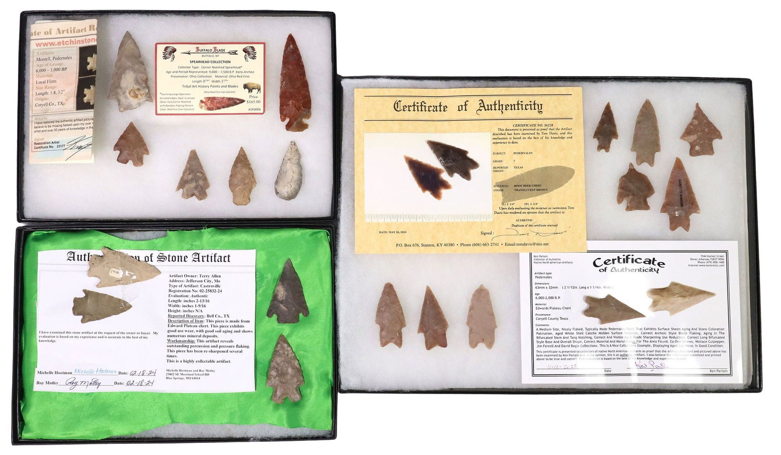 (19) STONE ARROWHEADS & SPEAR POINTS IN RIKER BOXES, 3 WITH C.O.A.: (lot of 19) Stone arrowheads, spear points, and tools, housed in three Riker boxes, (one) accompanied by certificate of authenticity issued by Michelle Hootman and Roy Motley, (one) accompanied by cer