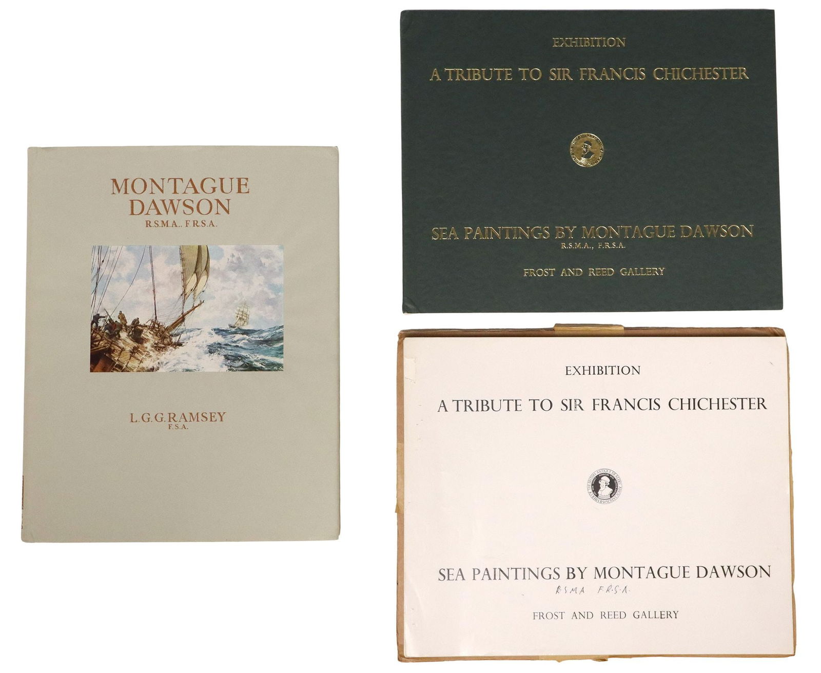 (3) BOOK & EXHIBITION CATALOGS MARINE PAINTER MONTAGUE DAWSON: (lot of 3) Publications relating to Montague Dawson R.S.M.A., F.R.S.A. (British, 1890-1973), including: (1) book, "Montague Dawson R.S.M.A., F.R.S.A.," L.G.G Ramsey, F.S.A., F. Lewis, Publis