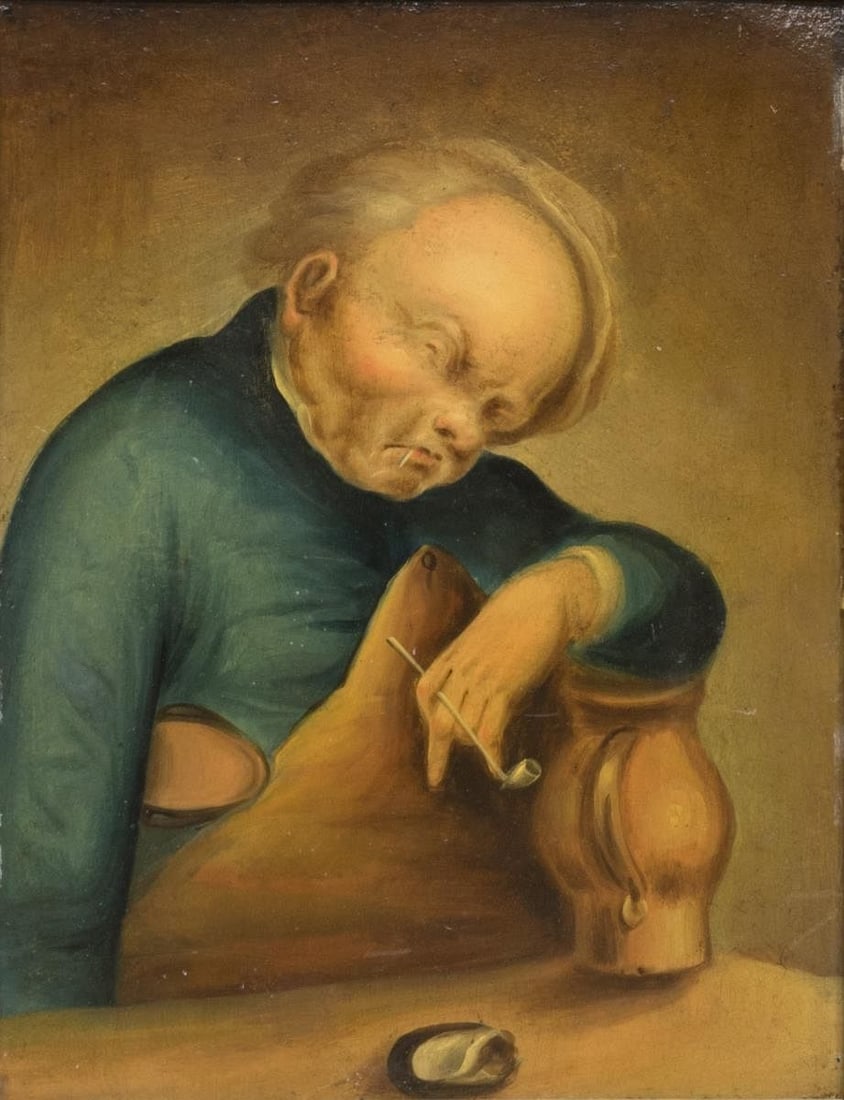 MANNER OF TIM BOBBIN FOLK ART PAINTING ON METAL PLATE: Framed oil painting on metal plate, The Drunken Cobbler, 19th c., unsigned, in the style of Tim Bobbin (John Collier, England, 1708-1786), sight: approx 11.75"h, 9"w, overall: approx 19.75"h, 17"w, 4l