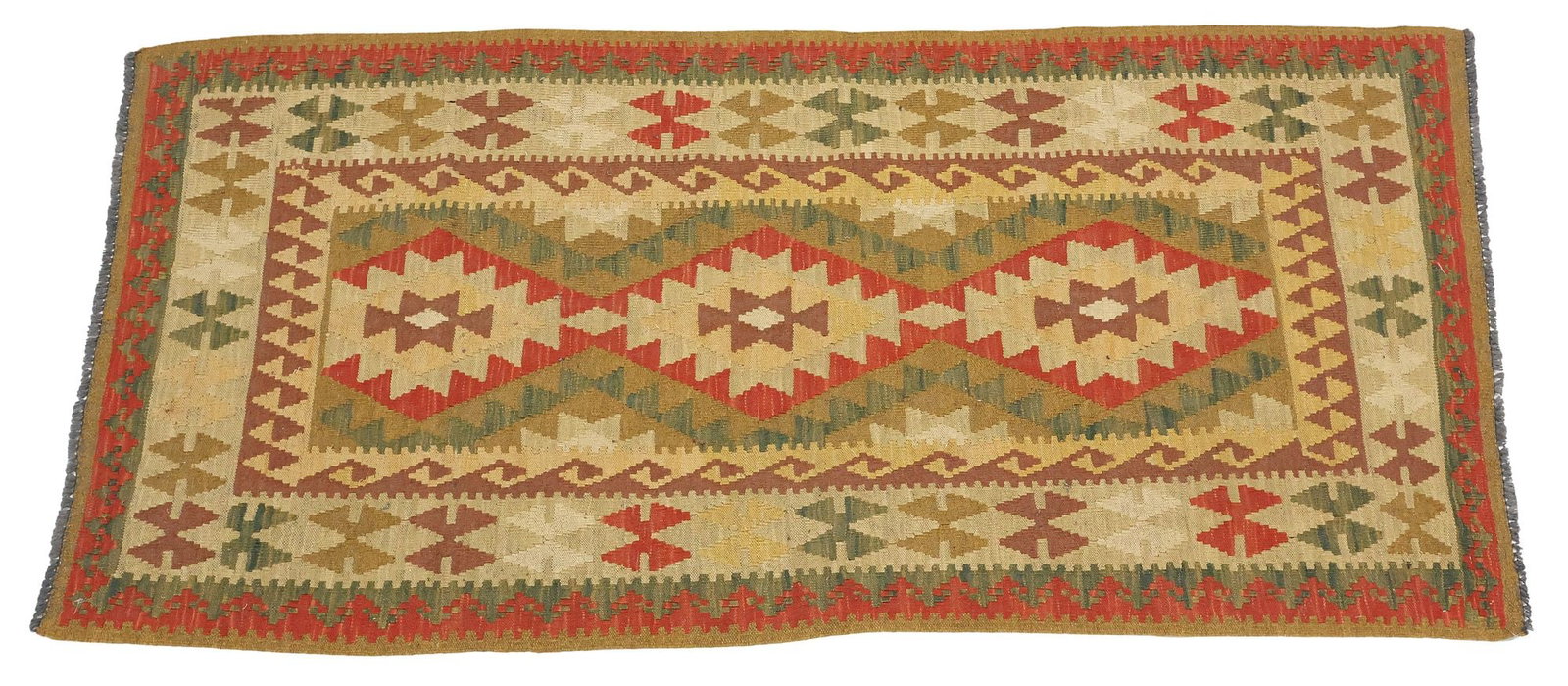 HAND-WOVEN PAKISTANI KILIM WOOL RUG, 6'7" X 3'1": Hand-woven Pakistani Kilim wool rug, approx 6'7"l, 3'1"w **Please Note: All of the rugs offered in this auction would likely benefit from a professional cleaning. Estate rugs may sho