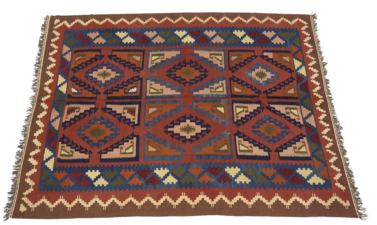 HAND-WOVEN AFGHAN KILIM WOOL RUG, 7'11.5" X 6'8": Hand-woven Afghan Kilim wool rug, small hole near side, approx 7'11.5"l, 6'8"w **Please Note: All of the rugs offered in this auction would likely benefit from a professional cl