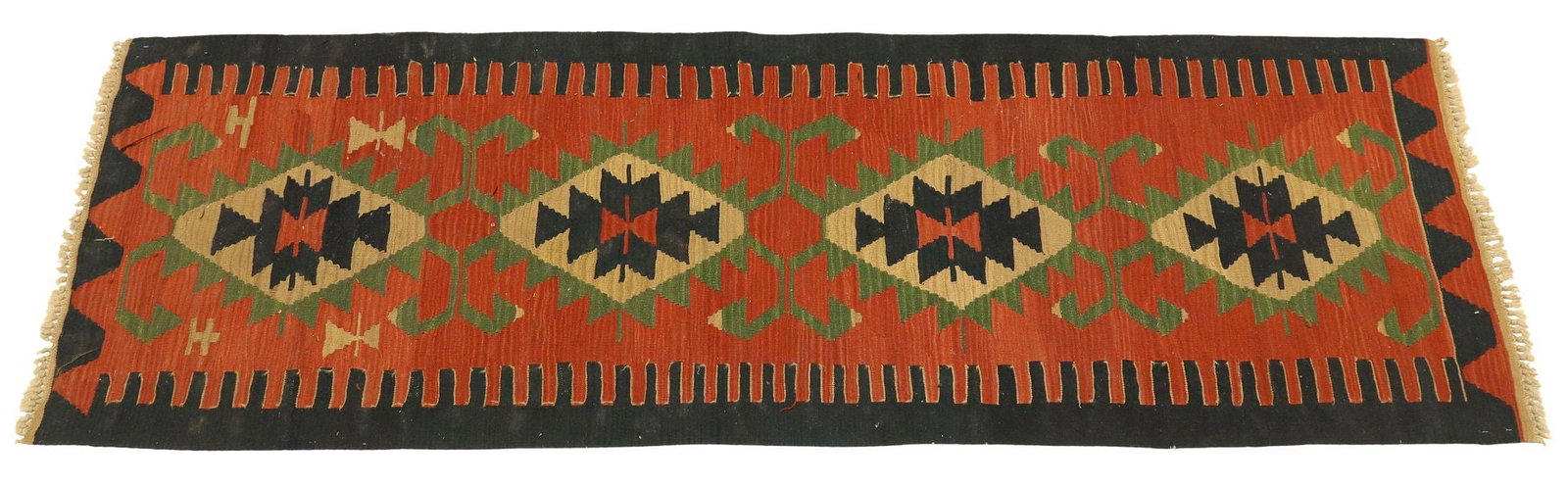 HAND-WOVEN TURKISH KILIM WOOL RUNNER, 7'10" X 2'8": Hand-woven Turkish Kilim wool runner, approx 7'10"l, 2'8"w **Please Note: All of the rugs offered in this auction would likely benefit from a professional cleaning. Estate rugs may s