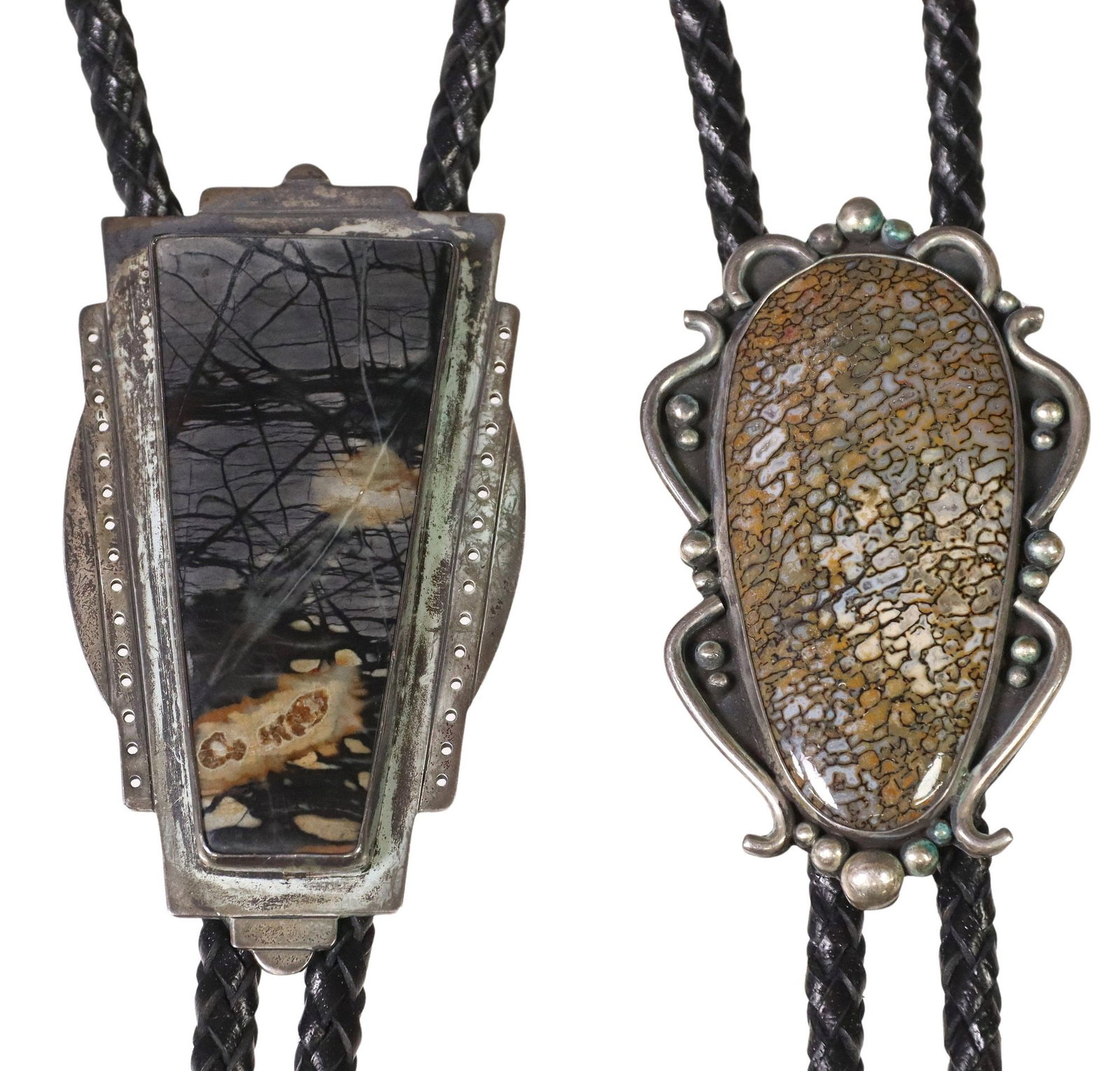 (2) SOUTHWEST STERLING SILVER GEM BONE & PICASSO MARBLE BOLO TIES: (lot of 2) Southwest sterling silver bolo ties, Jacqueline Berliner and Tom Boykin, Silver Dragon Designs, Round Rock, Texas, silver plaque, silver bolo tips, braided black leather cord