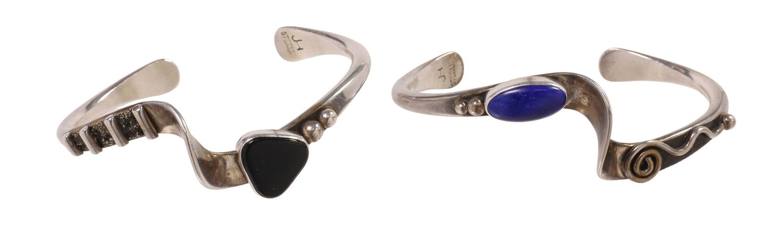 (2) SOUTHWEST JOHN HARTMAN STERLING CUFF BRACELETS: (lot of 2) Southwest sterling silver cuff bracelets, signed JH (John Hartman), (one) lapis lazuli, (one) black onyx, interior: approx 5.5"l, gap: approx 1"w; 44.4 grams total (incl