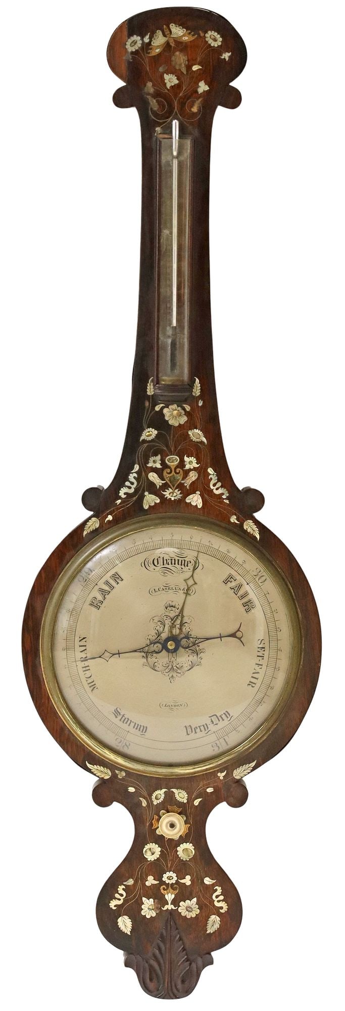 VICTORIAN MOTHER-OF-PEARL INLAID ROSEWOOD WHEEL BAROMETER: English Victorian rosewood barometer, mid 19th c., with mother-of-pearl inlay, silvered dial inscribed L. Casella & Co., London (Louis Pascal Casella, 1812-1897), losses to inlay, barometer not op