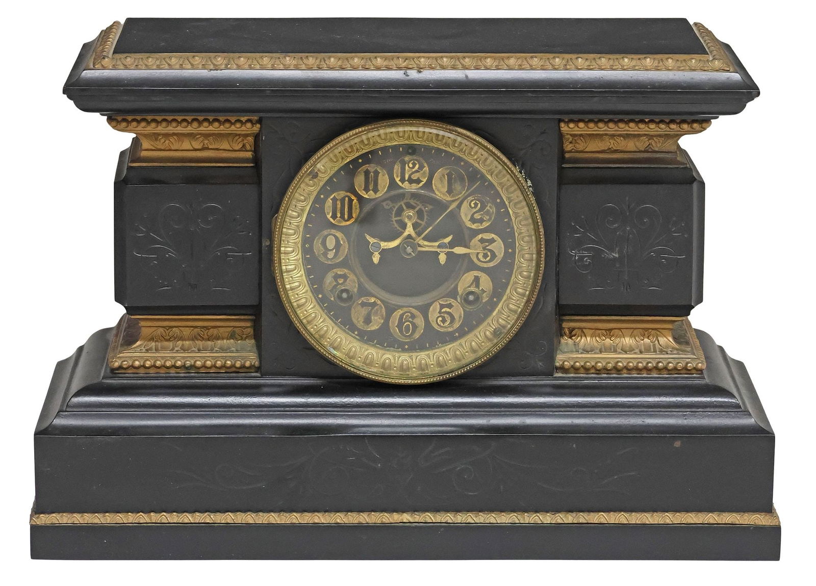 AMERICAN ANSONIA CAST IRON OPEN ESCAPEMENT MANTEL CLOCK: American cast iron mantel clock, Ansonia Clock Company, late 19th c., having rectangular stepped case, with scrollwork and gilt painted accents, centering beveled glass dial viewing door, open escapem