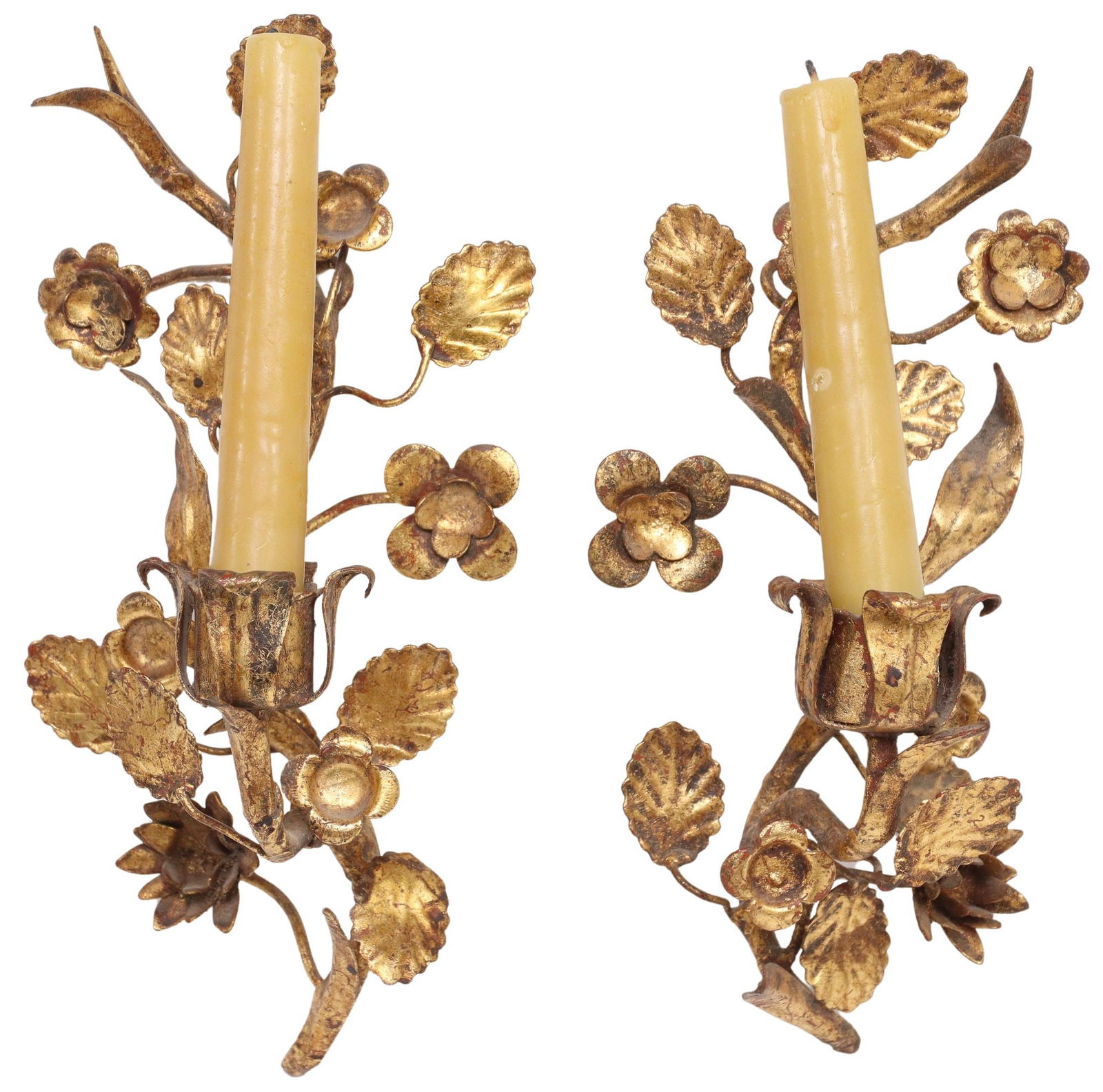 (2) LOUIS XV STYLE GILT IRON SCROLLED FOLIATE 1-LIGHT CANDLE SCONCES: (pair) Louis XV style gilt iron single-light candle wall sconces, each modeled as a scrolled foliate branch, issuing floral bobeche, fitted with candle, approx 9.5"h, 4.75"w, 4"d, 2lbs