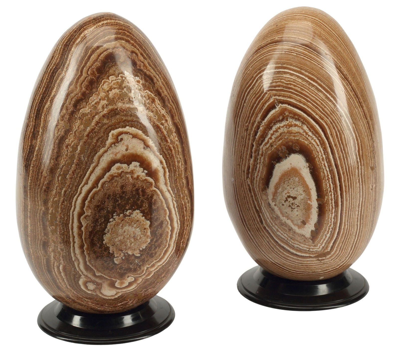 (2) LARGE BANDED BROWN STONE EGGS ON BLACK STANDS (1 of 5)