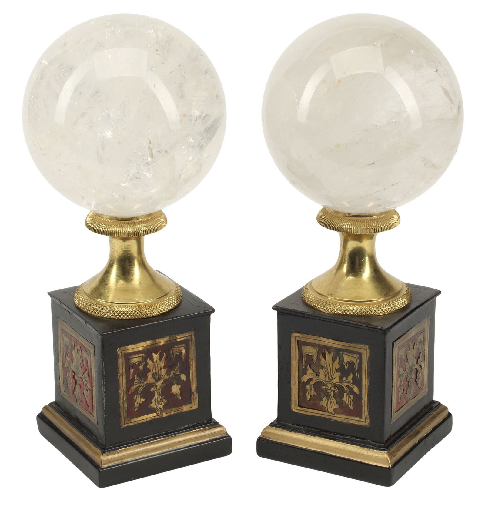 (2) ROCK CRYSTAL SPHERES ON BOULLE STYLE INLAID STANDS (1 of 4)