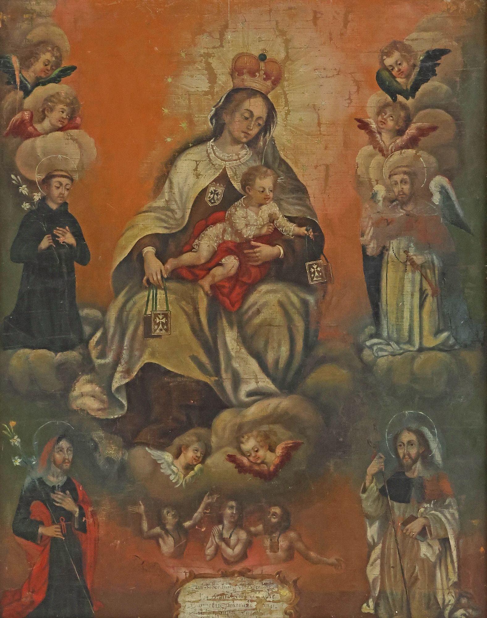 LARGE FRAMED OIL ON BOARD RETABLO, SENORA DEL MONTE CARMELO (1 of 4)