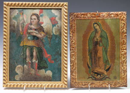 (2) OIL ON TIN & PRINED RETABLOS, ARCHANGEL RAPHAEL & VIRGEN DE GUADALUPE: (lot of 2) Retablos, including: (1) framed oil on tin retablo, The Archangel Raphael, Mexico, sight: approx 13.5"h, 9.5"w, overall: approx 16"h, 12"w; (1) unframed offset lith