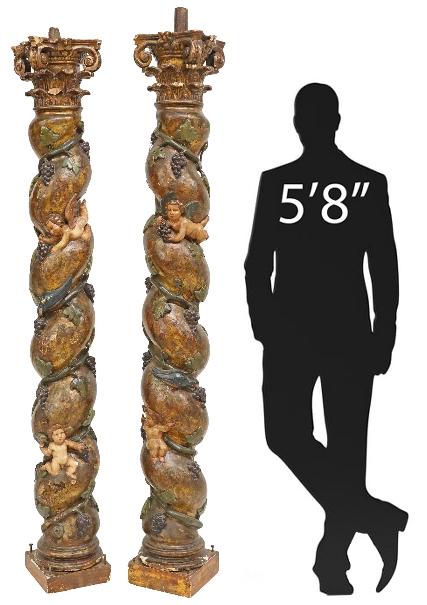 (2) LARGE SPANISH PARCEL GILT & PAINTED CHERUBS SOLOMONIC COLUMNS (1 of 7)