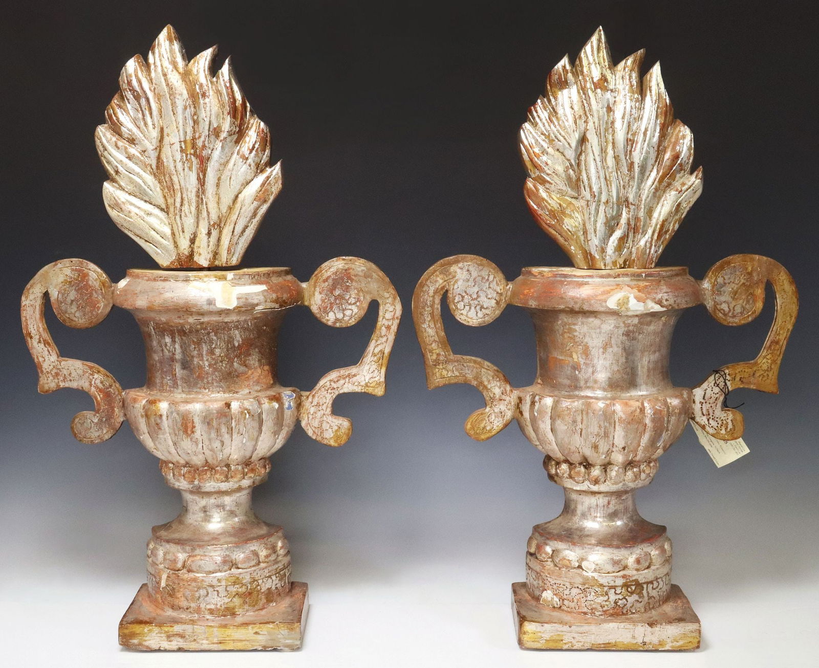 (2) LARGE ITALIAN SILVER GILTWOOD FLAMING ALTAR URNS, 31.5"H (1 of 9)