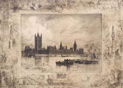 FELIX-HILAIRE BUHOT (1847-1898) ETCHING WESTMINSTER PALACE: Framed etching on paper, "Westminster Palace, London," with decorated margins, pencil signed lower right center Felix Buhot (Felix-Hilaire Buhot, French, 1847-1898), red owl monogram stamp at lower ce