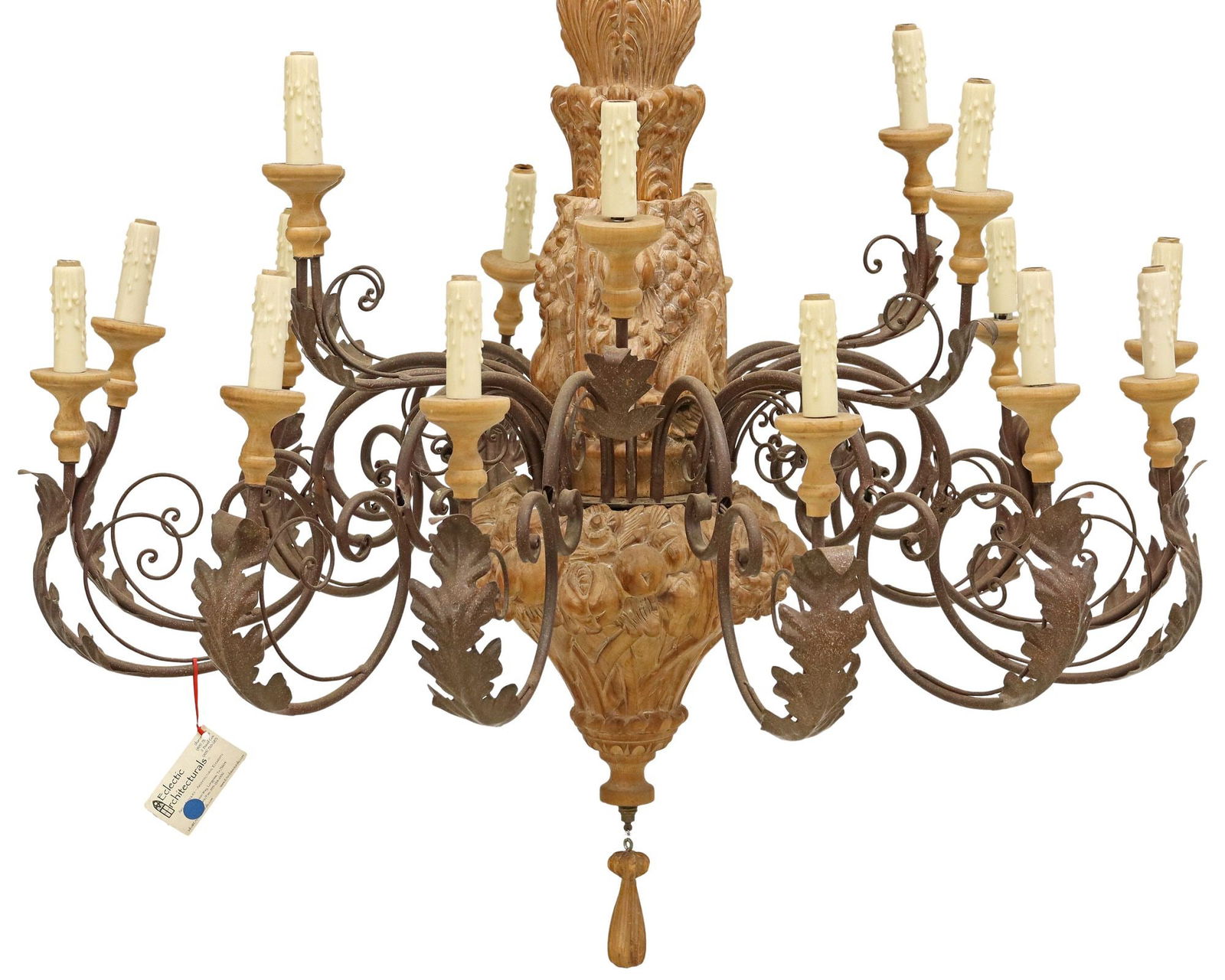 LARGE FINELY CARVED PINE & WROUGHT IRON 18-LT CHANDELIER (1 of 4)