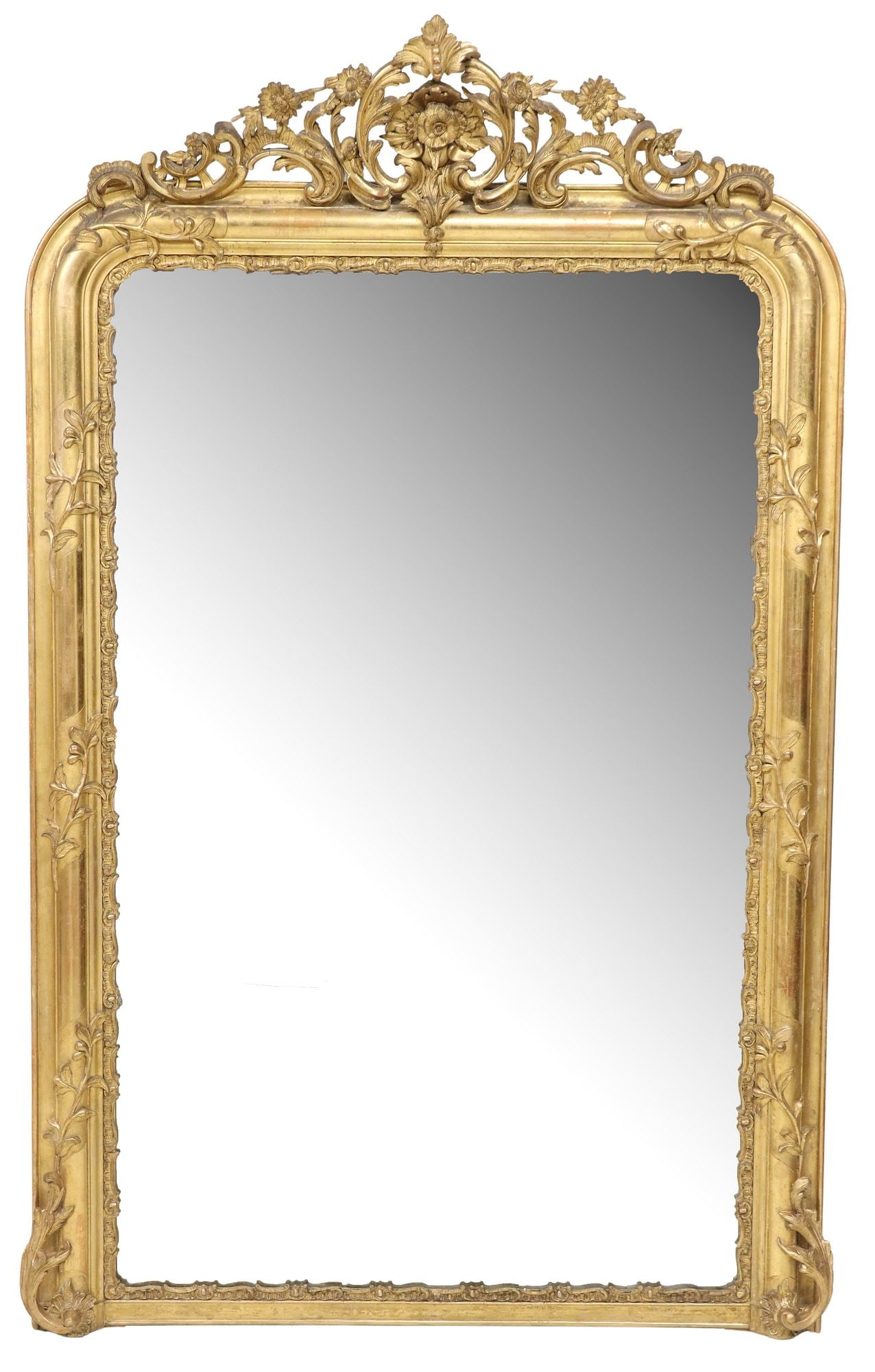 MONUMENTAL FRENCH LOUIS XV STYLE GILTWOOD MIRROR, 98" X 62": Monumental French Louis XV style giltwood mirror, 19th c., having pierced scrolled foliate crest, over arched frame, encasing flat mirror plate, approx 98"h, 62"w
