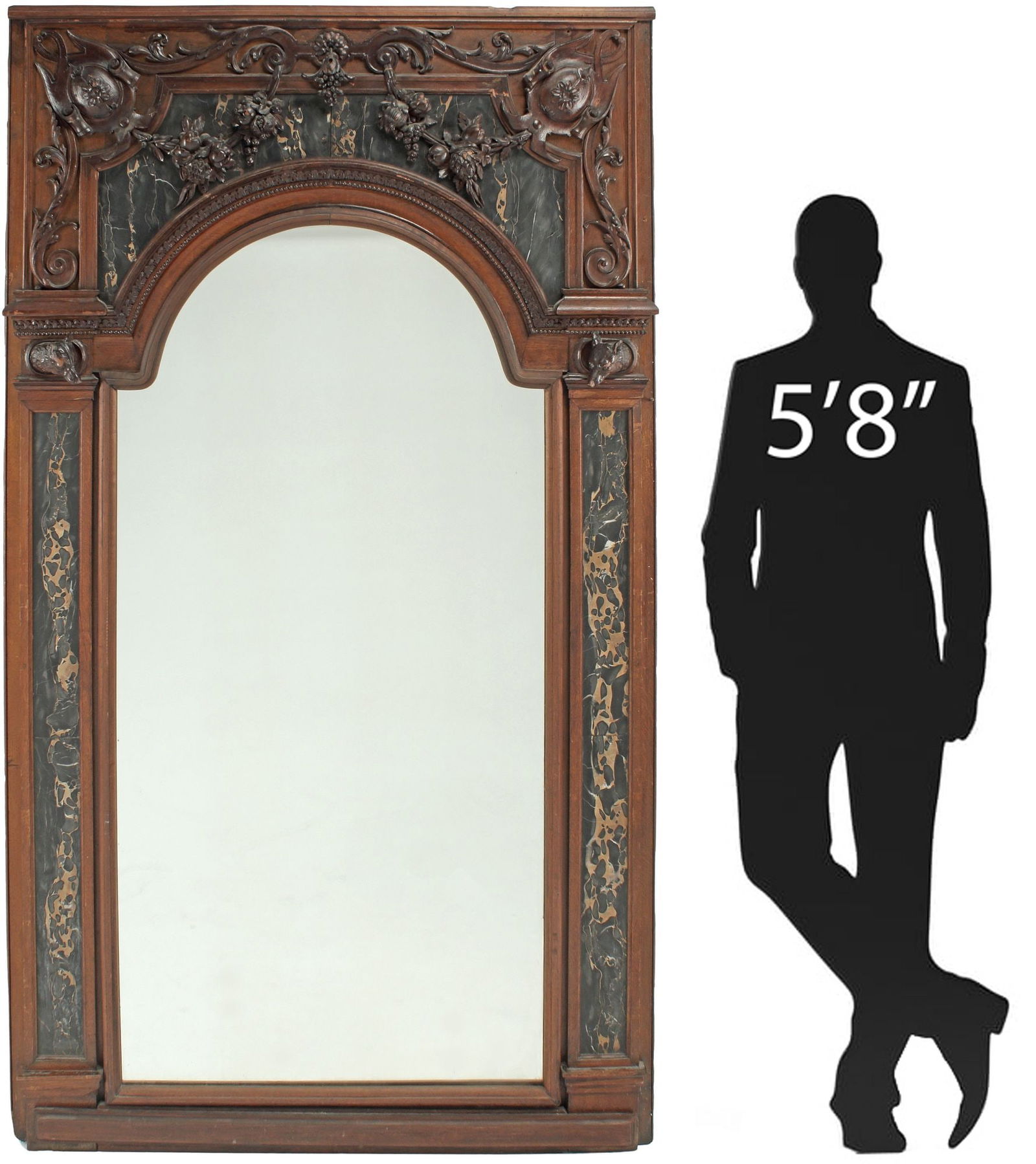 LARGE FRENCH CARVED OAK & MARBLE-INSET MIRROR, 90"H (1 of 7)