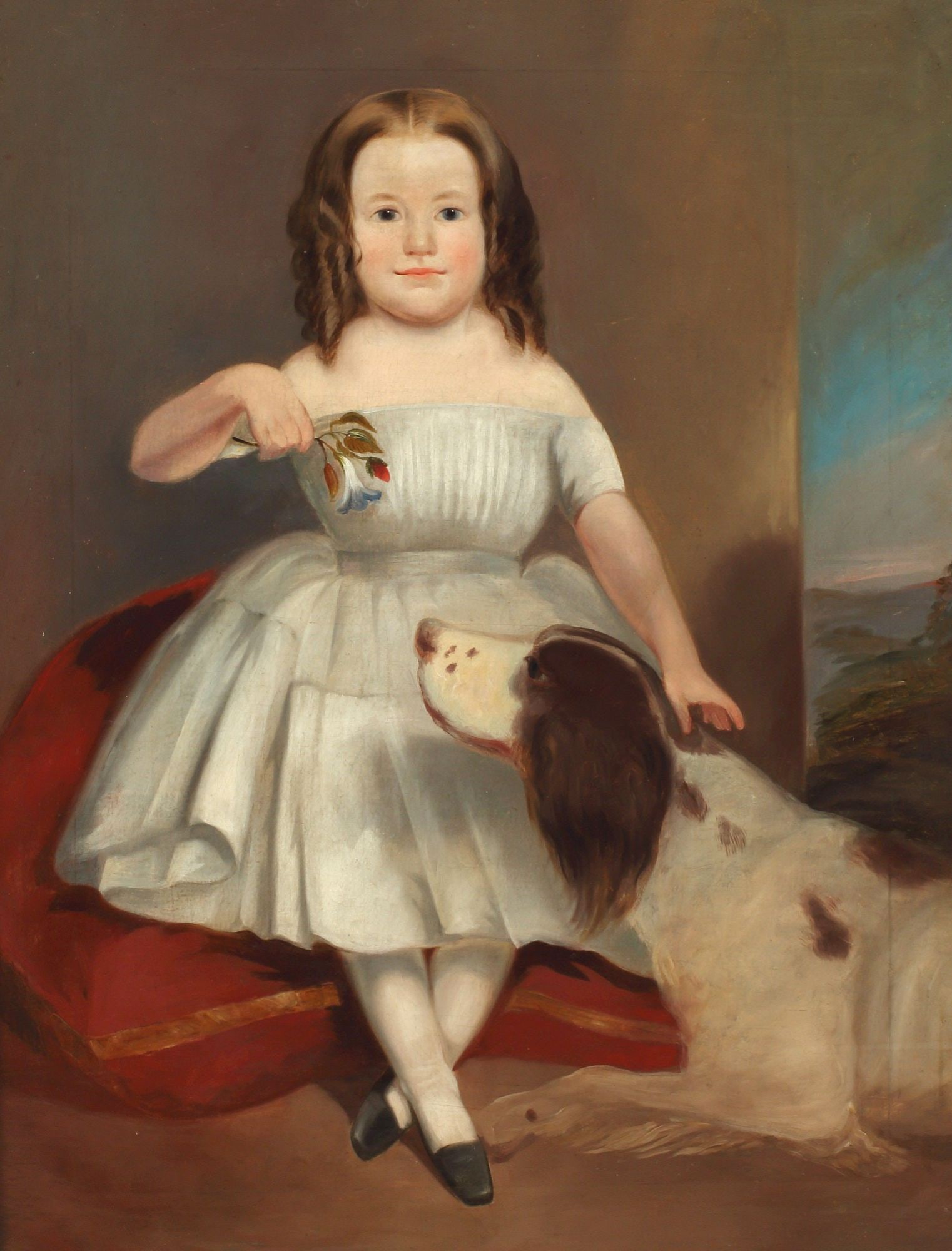 AMERICAN SCHOOL PAINTING PORTRAIT OF A GIRL WITH SPANIEL, 41" x 32" (1 of 7)