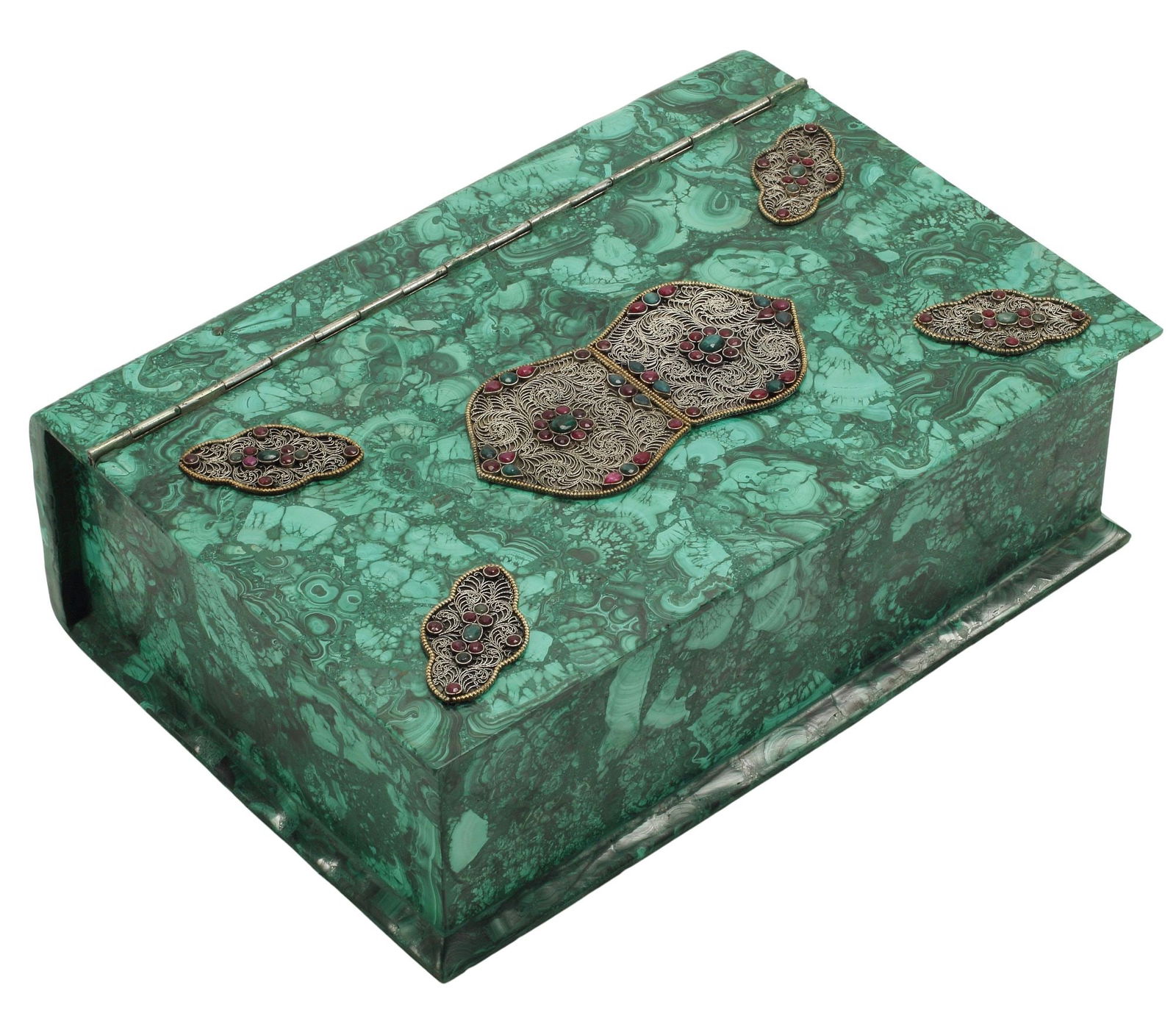 LARGE JEWEL-MOUNTED MALACHITE BOOK-FORM TABLE BOX (1 of 4)