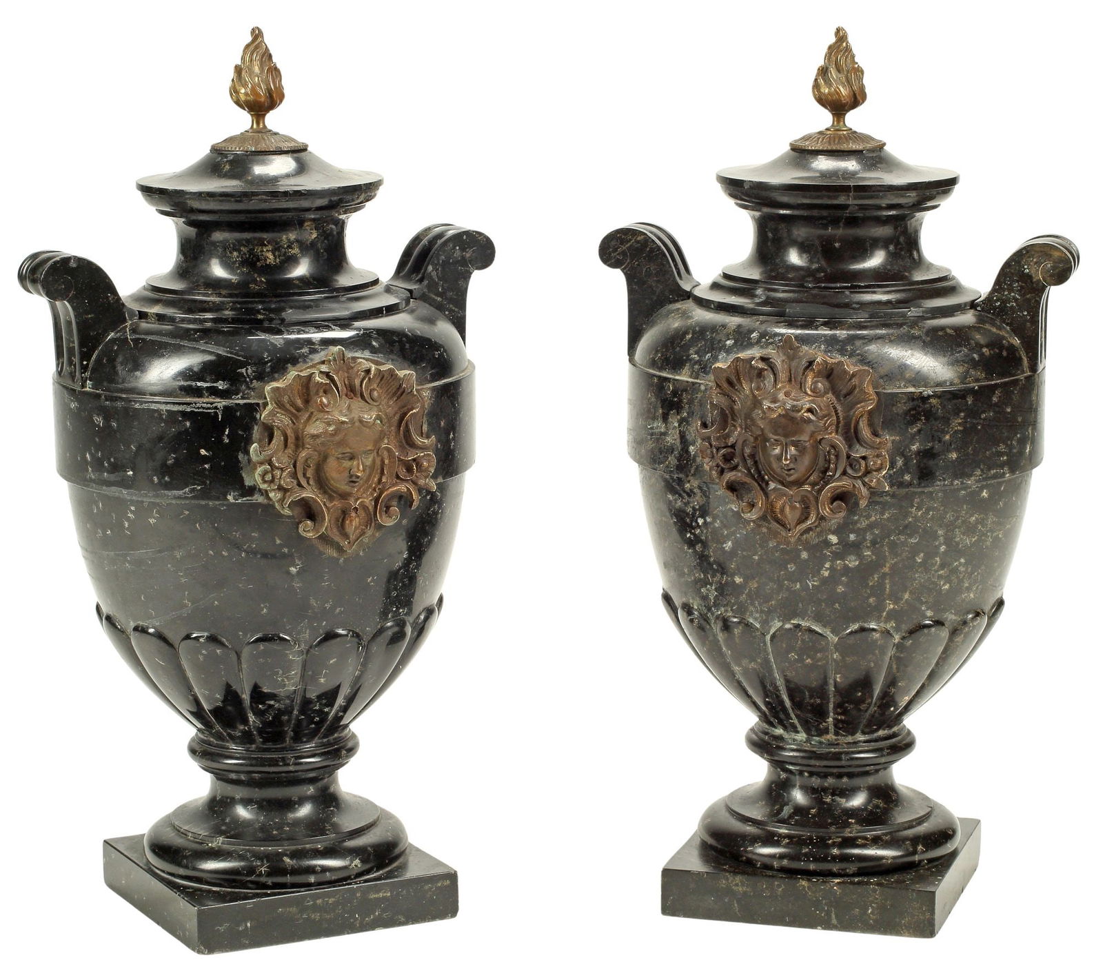 (2) FRENCH NEOCLASSICAL STYLE BRONZE-MOUNTED GREEN MARBLE URNS (1 of 6)