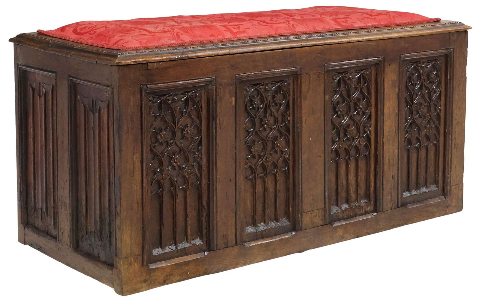 FRENCH GOTHIC REVIVAL CARVED OAK UPHOLSTERED STORAGE COFFER (1 of 5)