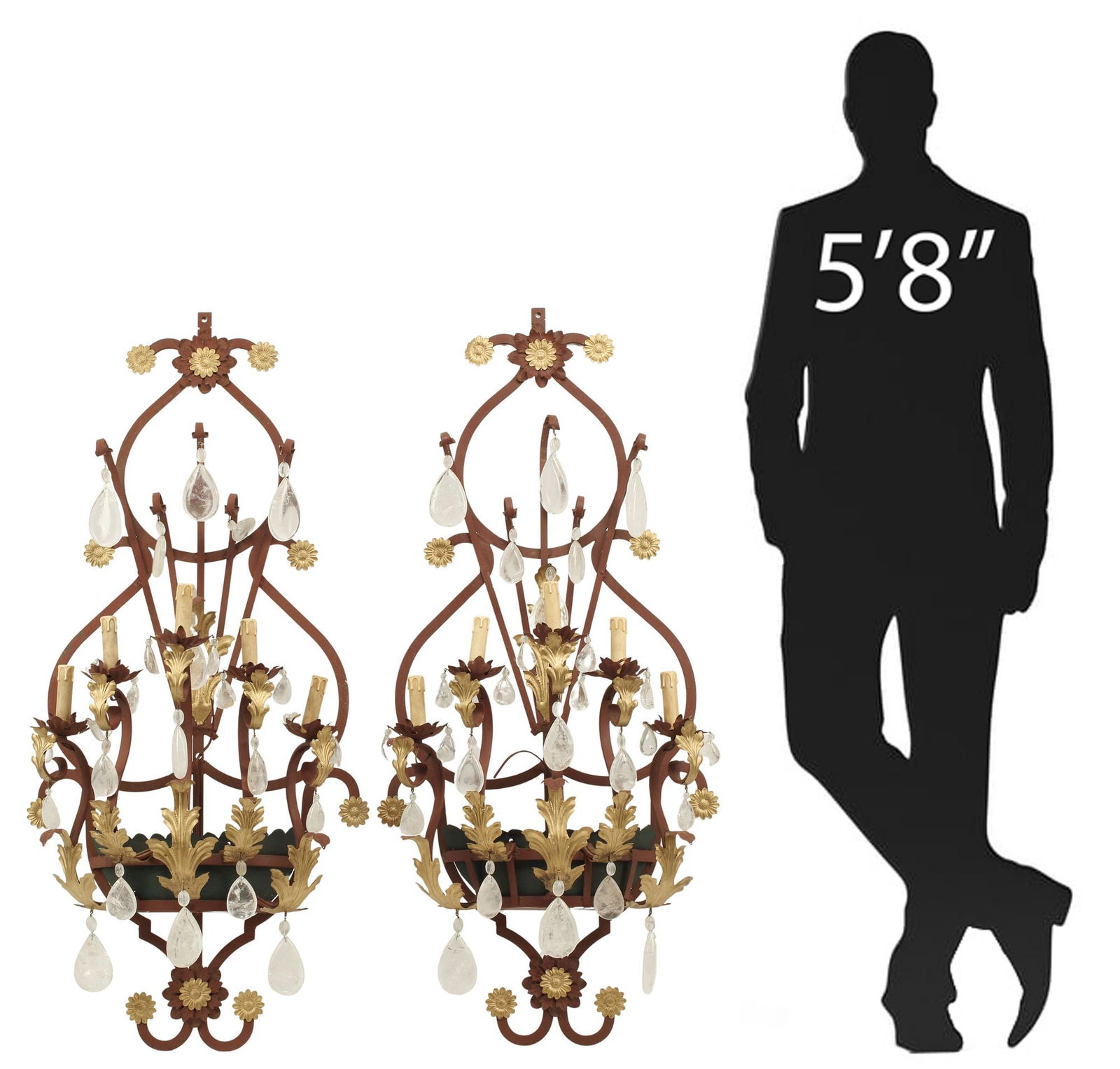 (2) LARGE SPANISH STYLE TOLE IRON & ROCK CRYSTAL 5-LIGHT WALL SCONCES, 50"H (1 of 5)