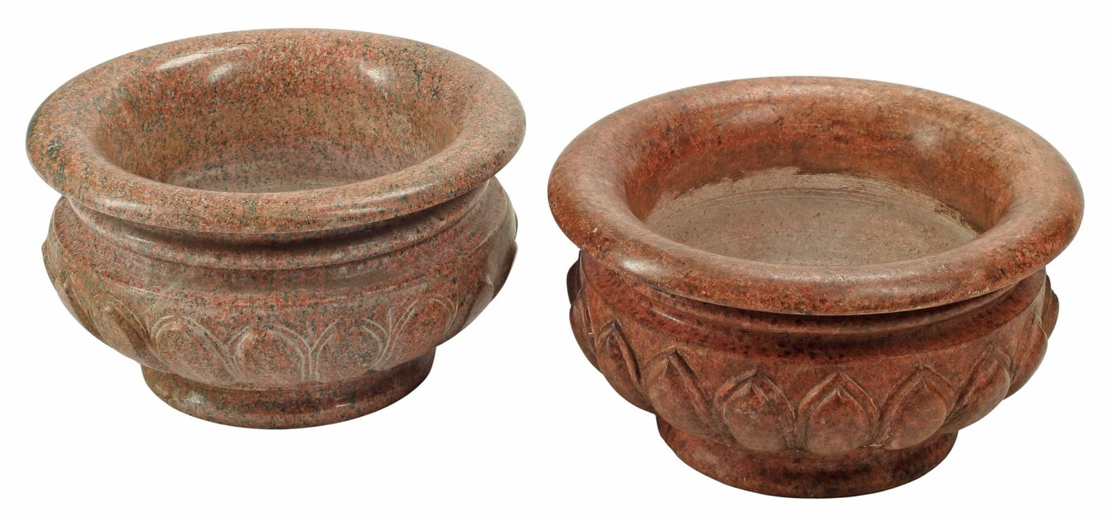 (2) CARVED GRANITE JARDINIERES: (lot of 2) Carved granite planters, a near pair, with gadrooned trim, largest: approx 9.5"h, 17.5"diam, 152lbs total