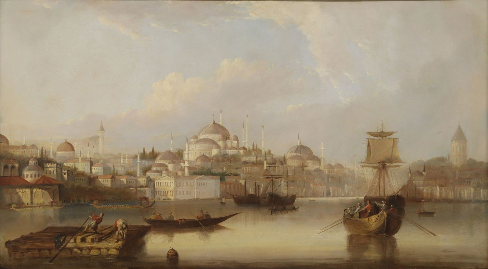 ENGLISH SCHOOL (19TH C.) ORIENTALISM PAINTING VIEW OF CONSTANTINOPLE, 36" X 64.5" (1 of 4)